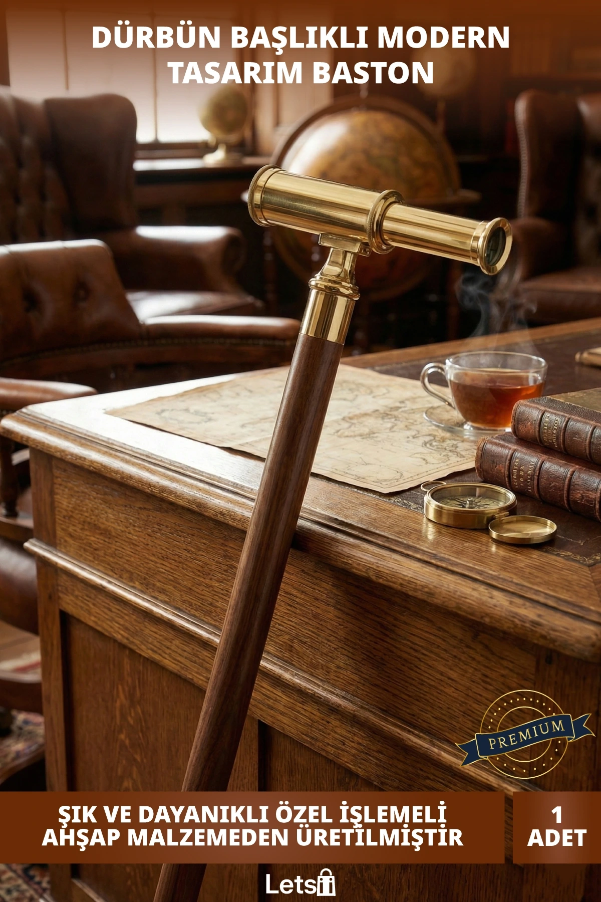 Pirinç Dürbün Başlıklı İşlemeli Özel Tasarım Vintage Baston 100 cm