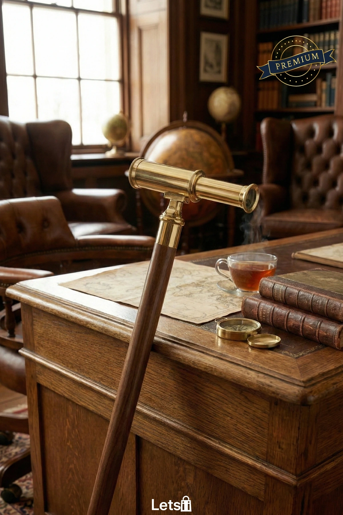 Pirinç Dürbün Başlıklı İşlemeli Özel Tasarım Vintage Baston 100 cm