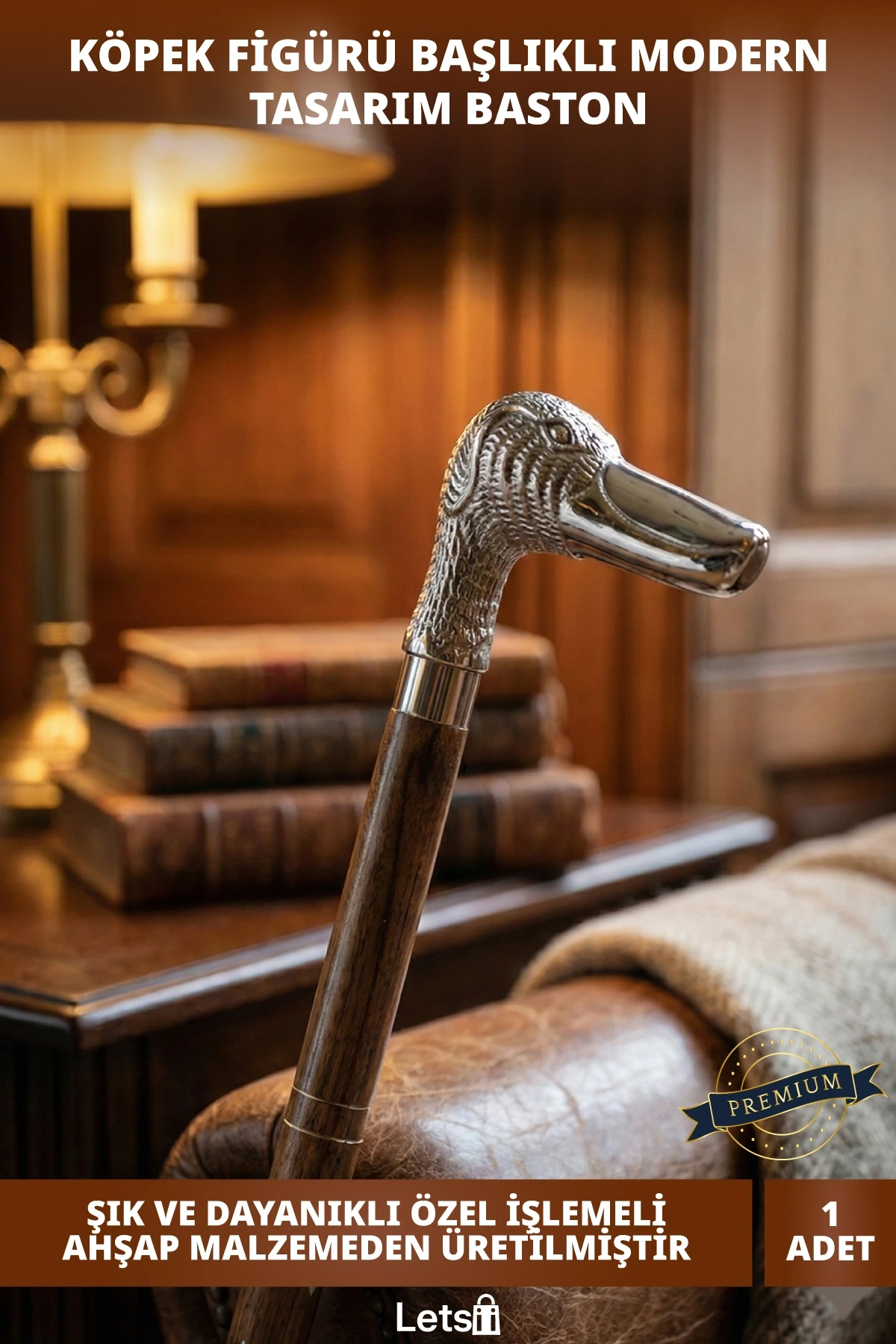 Dayanıklı Ahşap Pirinç Köpek Figürlü Tasarım Baston 96 cm