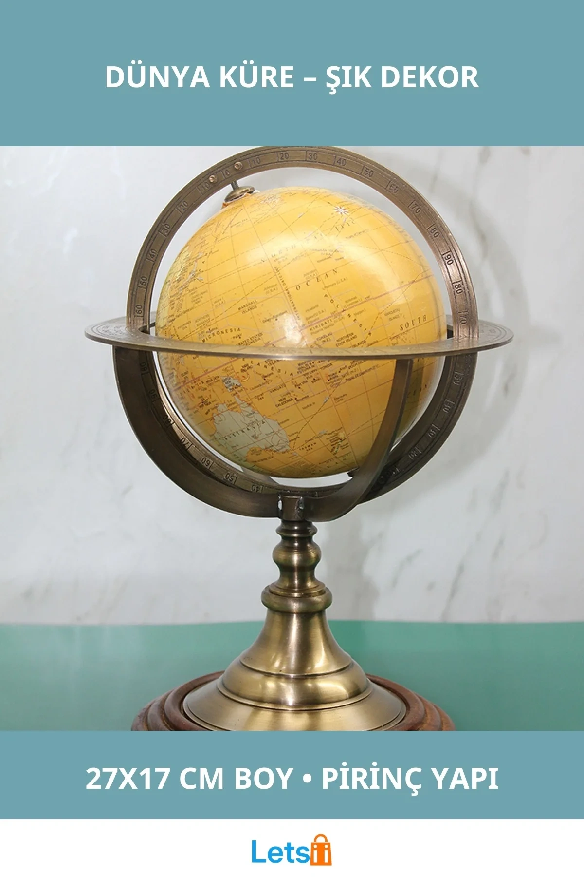 Dayanıklı Pirinç Dünya Küre 27x17 cm Dekoratif Objeler