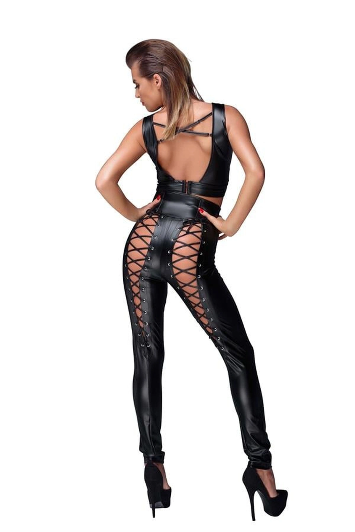 Dekolteli Fantezi Deri Tulum Siyah Renk