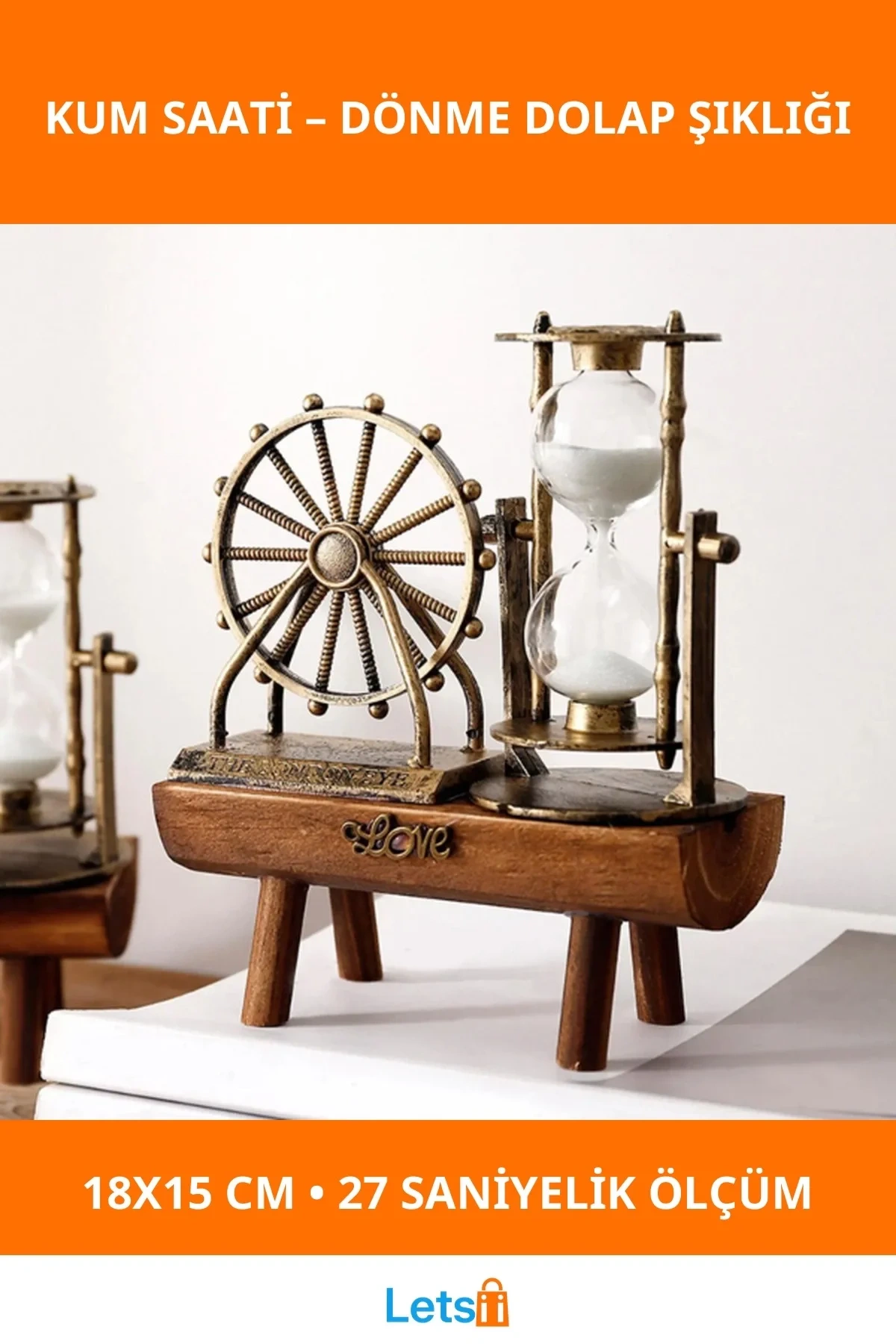 Dekoratif Dönme Dolap Biblolu Kum Saati 18x15 cm Ahşap Metal Şıklığında