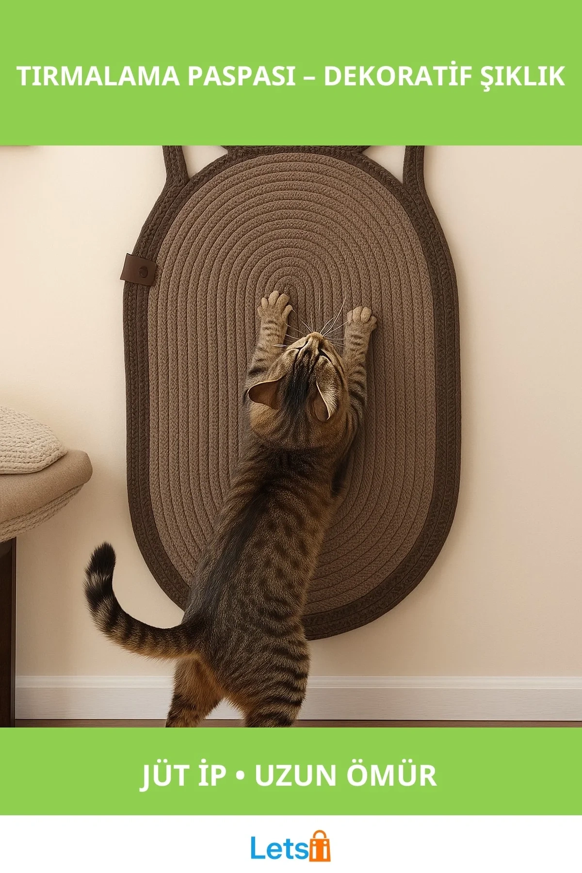 Dekoratif Kedi Kulaklı Doğal Jüt Tırmalama Paspası 40x70 cm