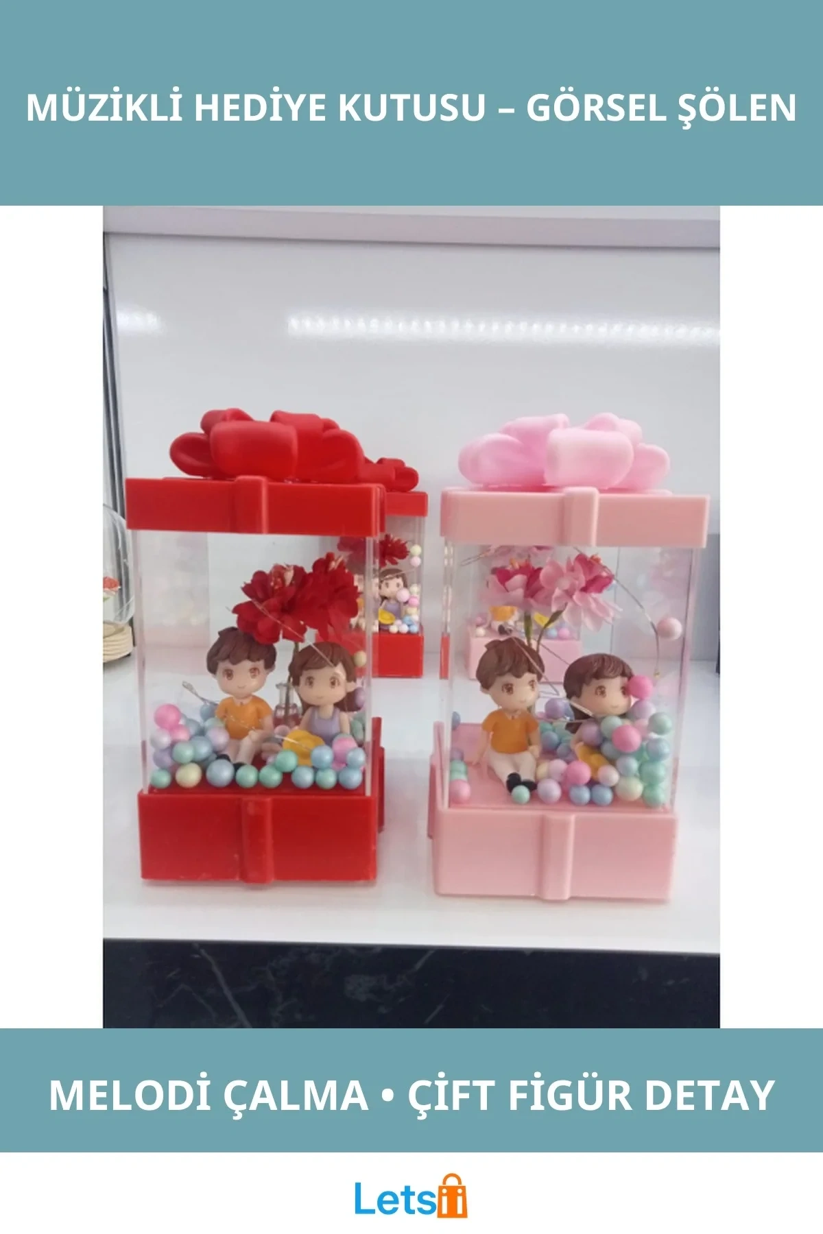 Dekoratif Müzikli Hediye Kutusu Renkli Çiçekli Sevimli Çift Figürü