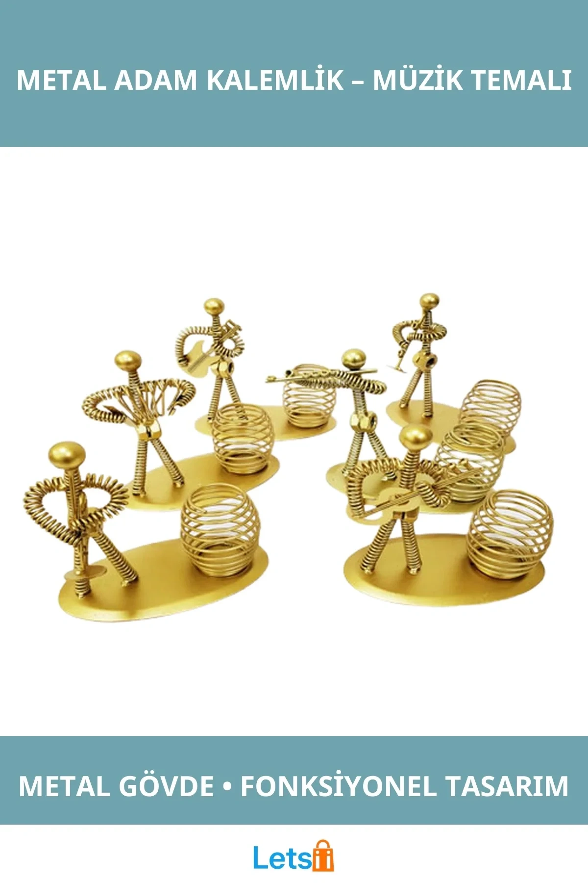 Dekoratif Sarı Metal Müzisyen Adam Kalemlik Ofis ve Ev Dekorasyonu