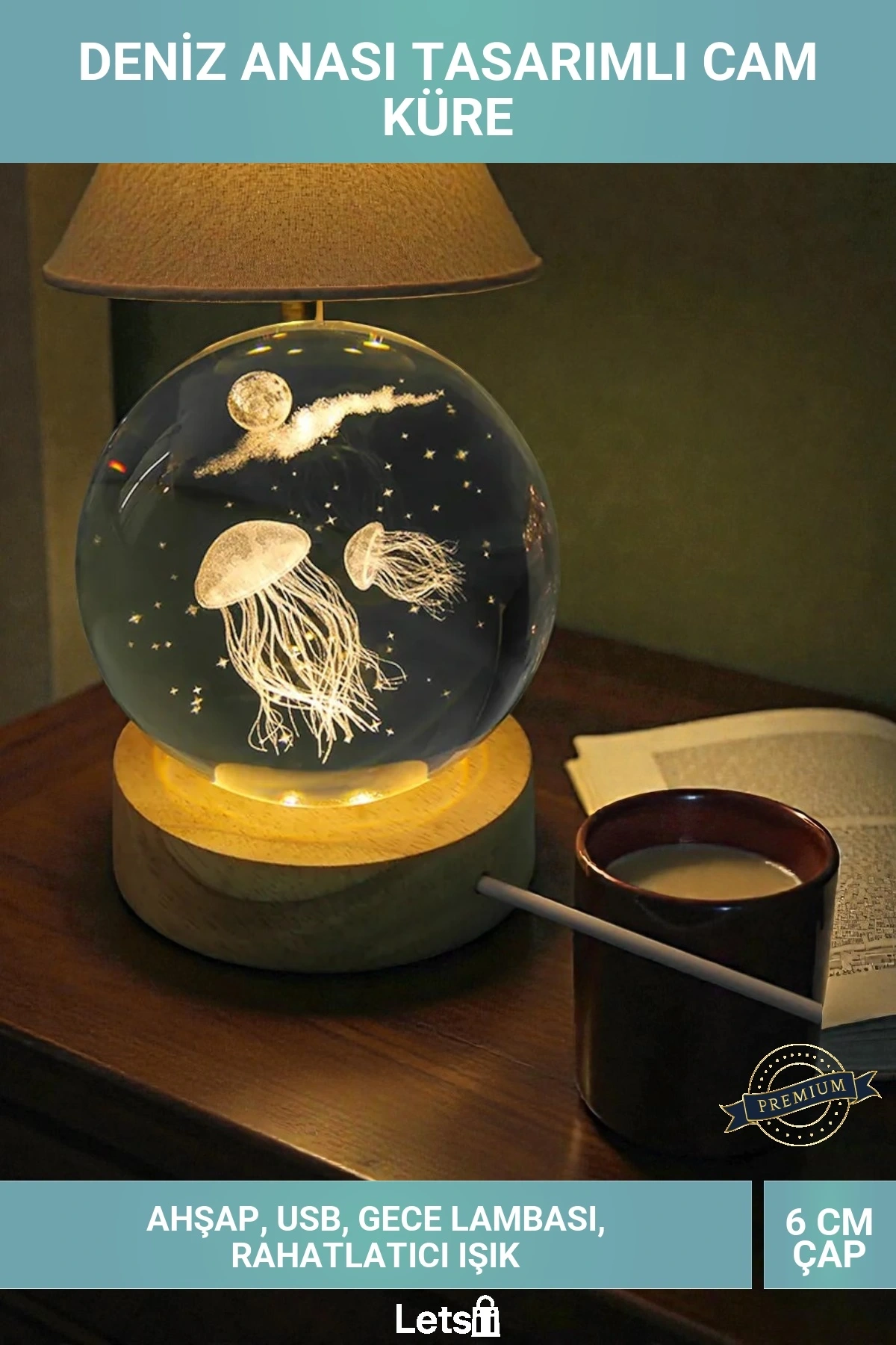 Deniz Anası Tasarımlı Işıklı Ahşap Tabanlı Cam Küre Gece Lambası