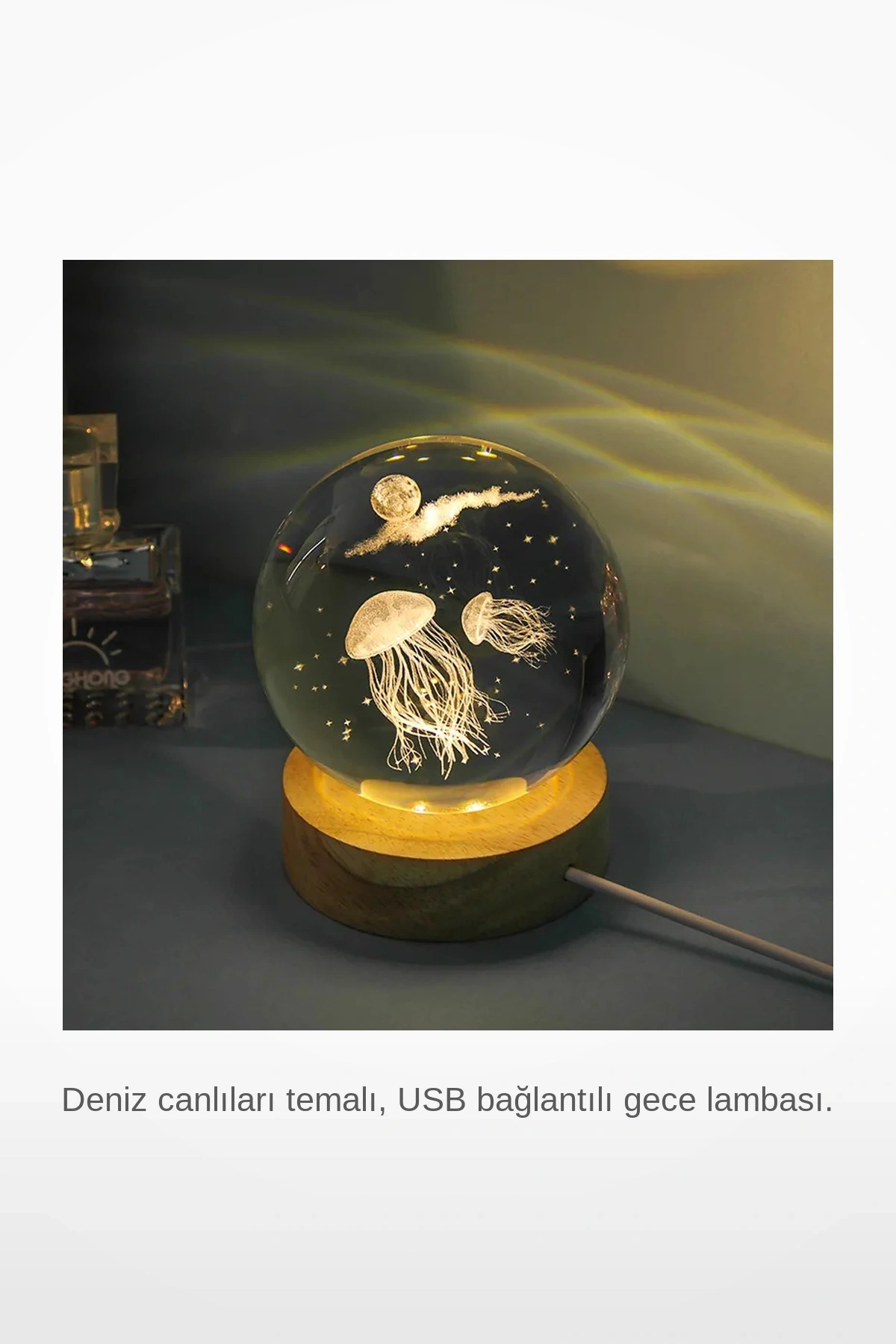 Deniz Anası Tasarımlı Işıklı Ahşap Tabanlı Cam Küre Gece Lambası