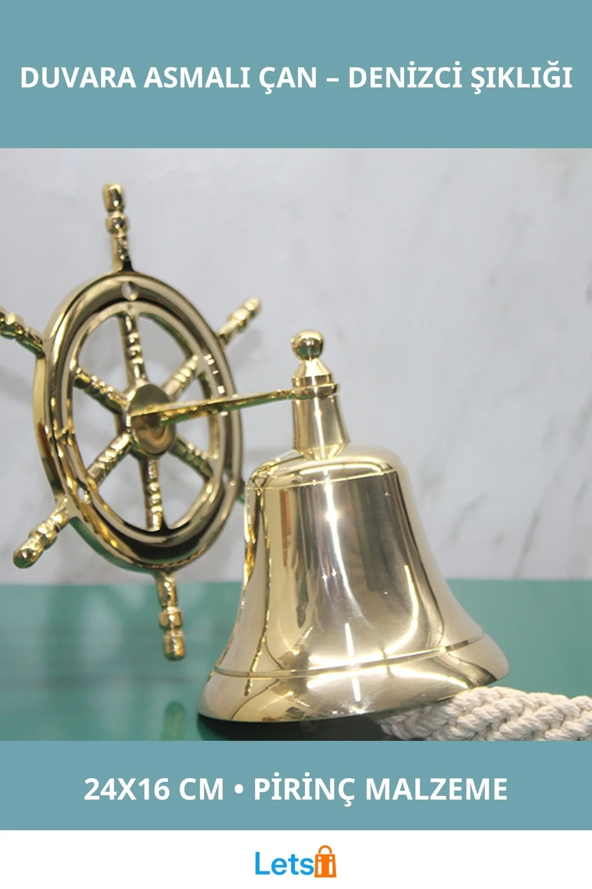 Deniz Temalı Dayanıklı Pirinç Dümenli Duvara Asmalı Çan 24x16 cm