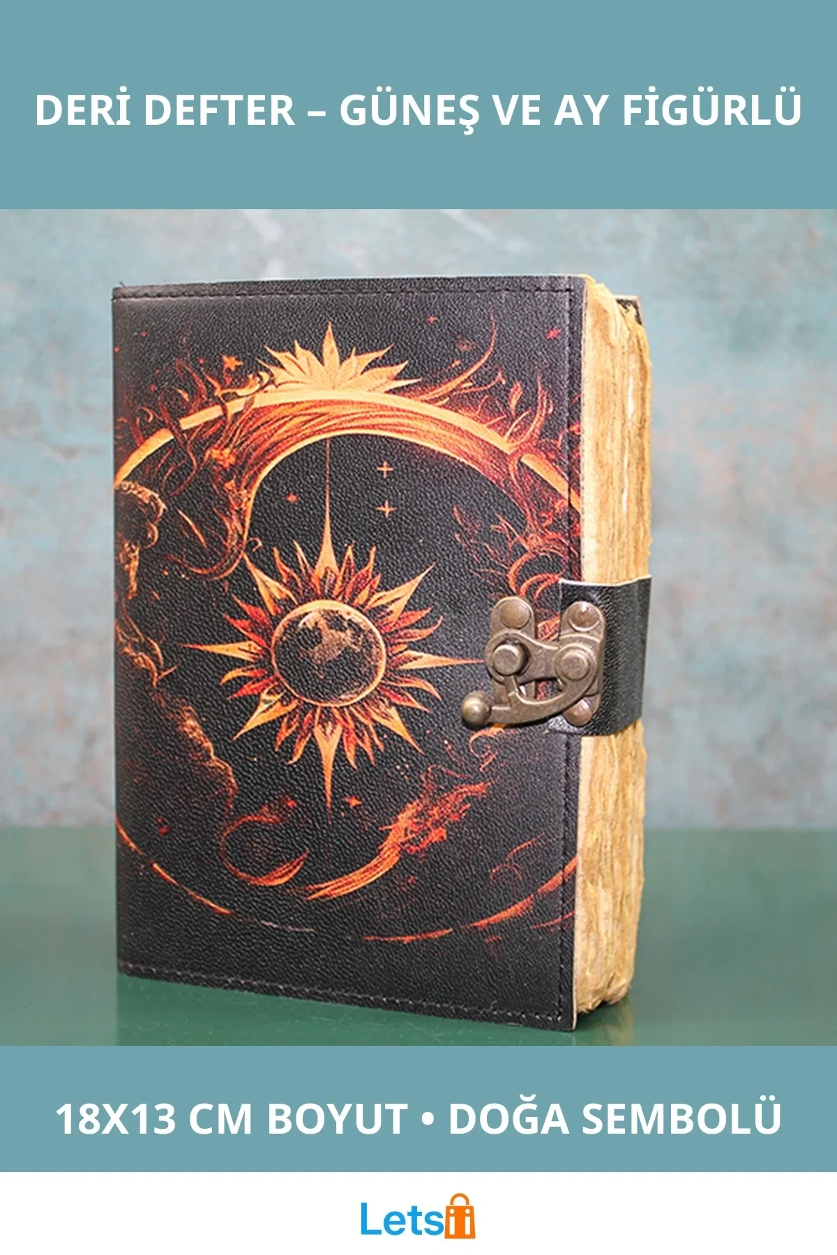Deri Defter Güneş Ay Tasarımlı 18x13 cm Sanatsal Günlük
