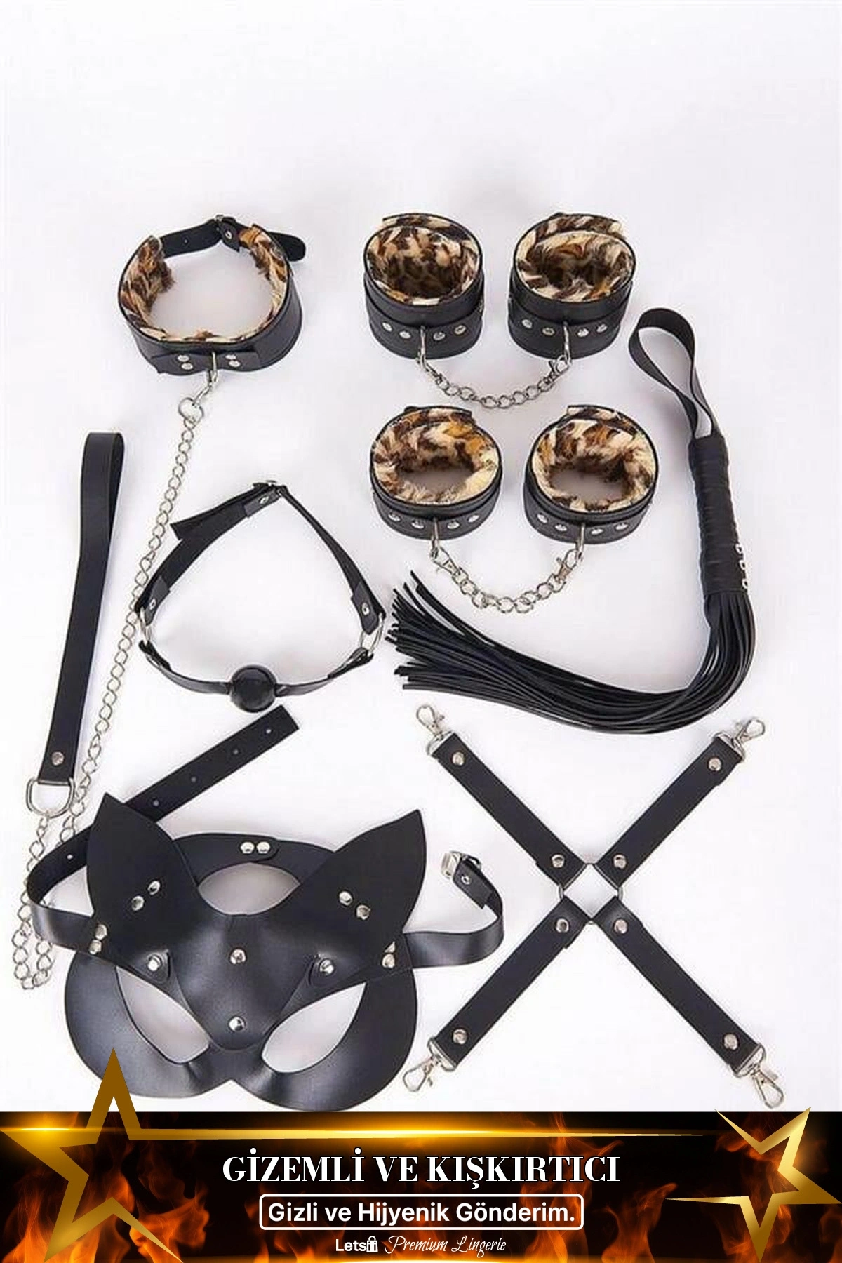Deri Görünümlü Fantezi Harness Set Siyah Renk