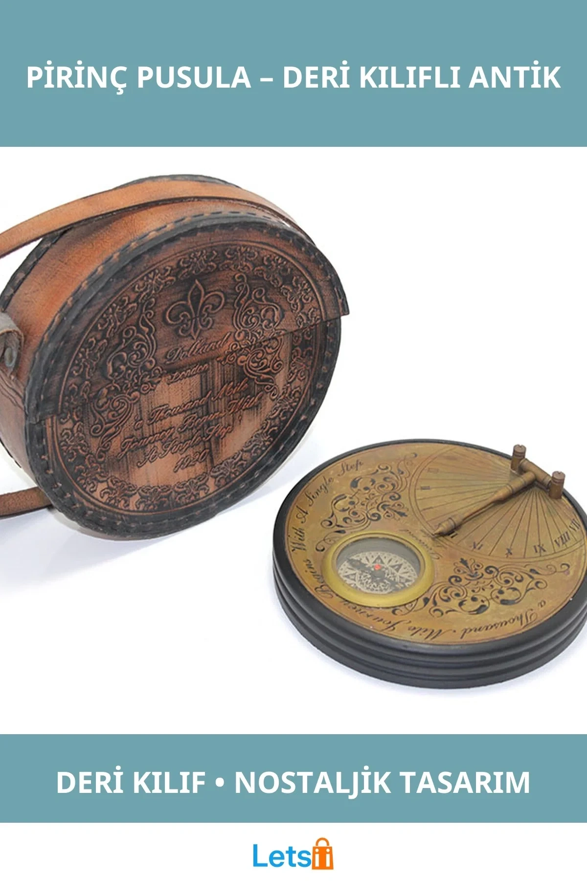 Deri Kılıflı Antik Tasarımlı Pirinç Pusula
