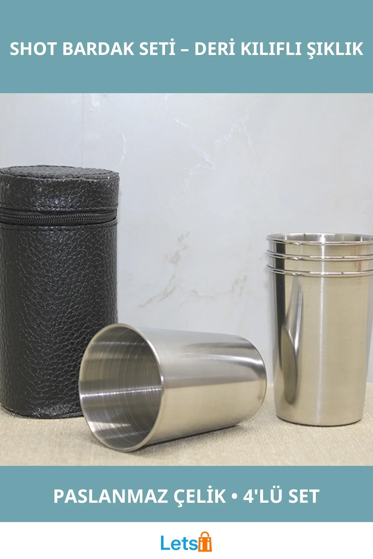 Deri Kılıflı Dayanıklı Paslanmaz Çelik 4lü Shot Bardak Seti