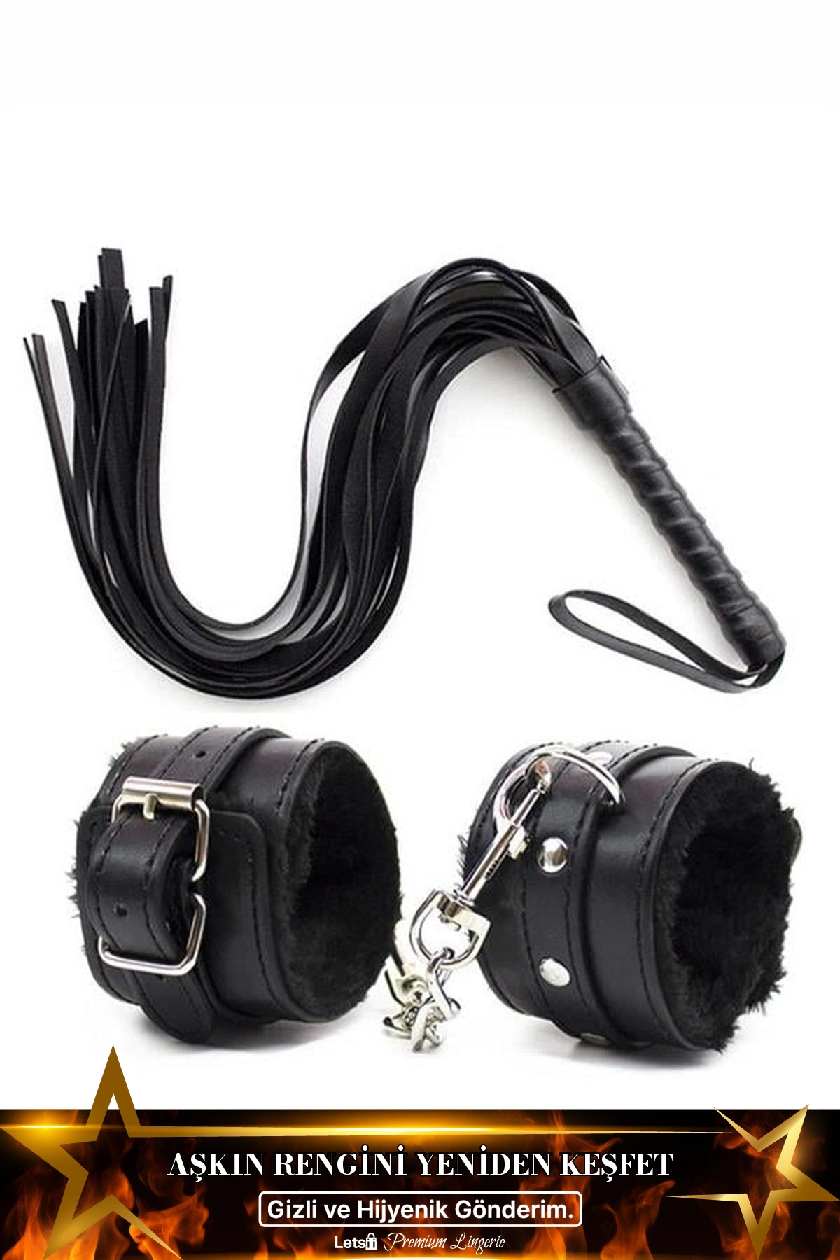 Deri Kırbaç Ve Bileklik Harness Seti Siyah Renk