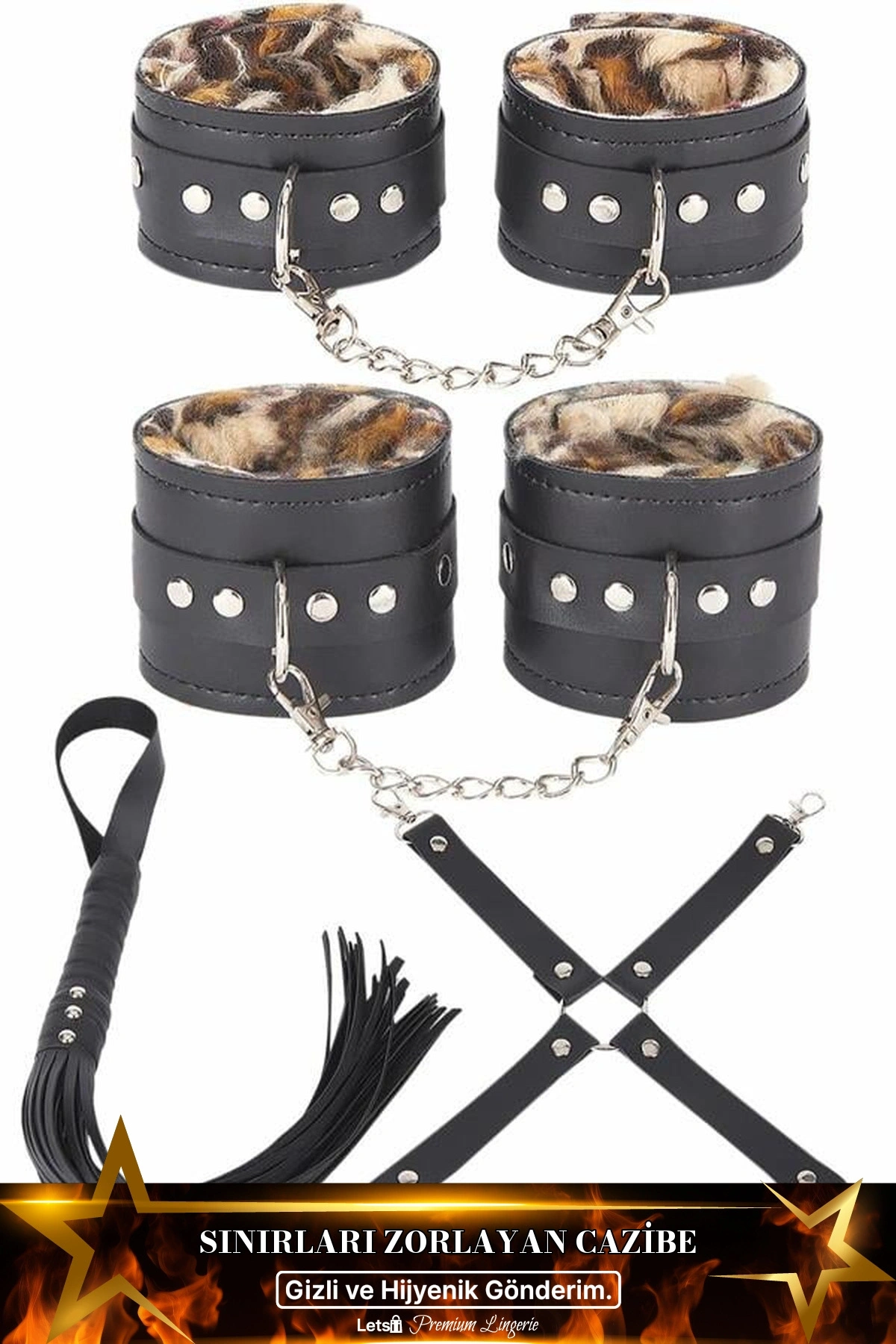 Deri Leoparlı 4Lü Harness Set Siyah Renk