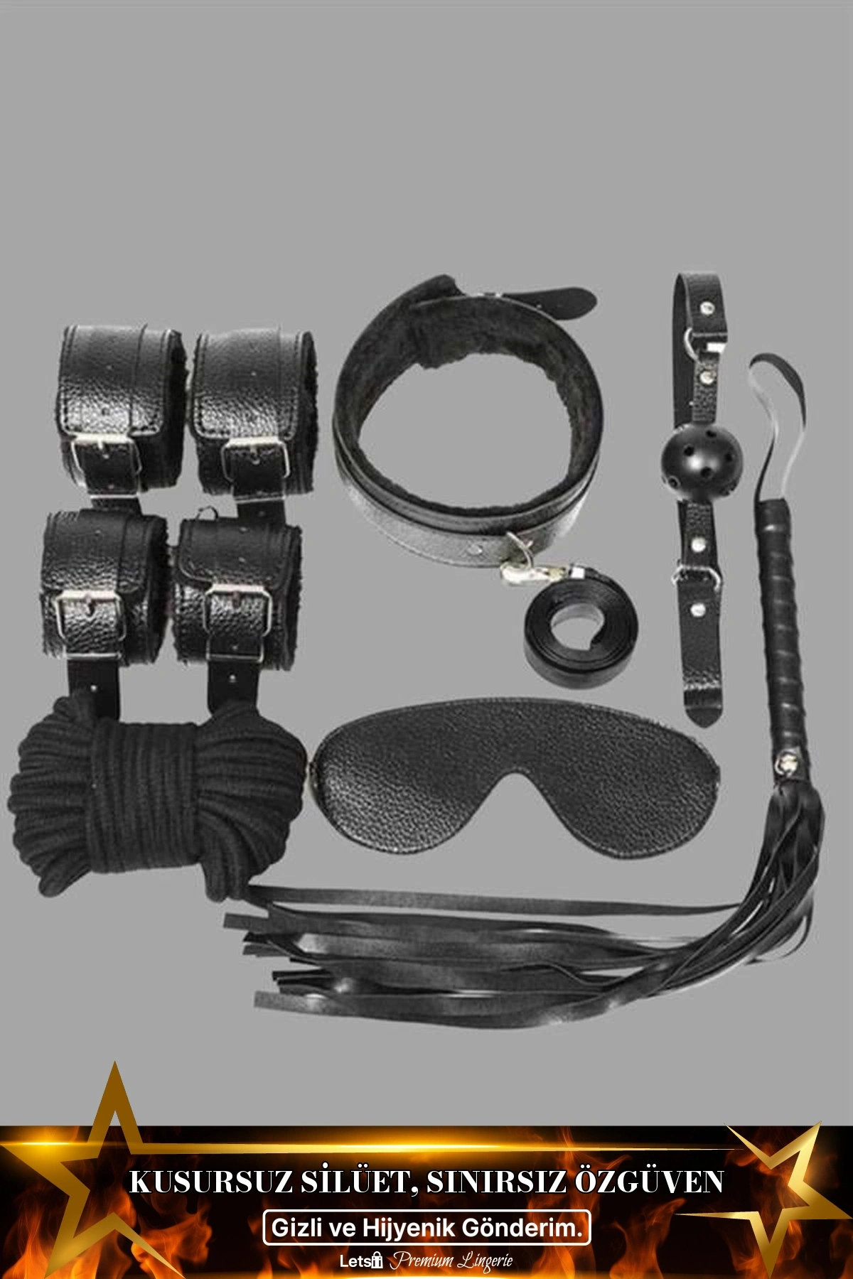 Deri Maske Kelepçe Ve Ağız Topu Fantezi Set Siyah Renk