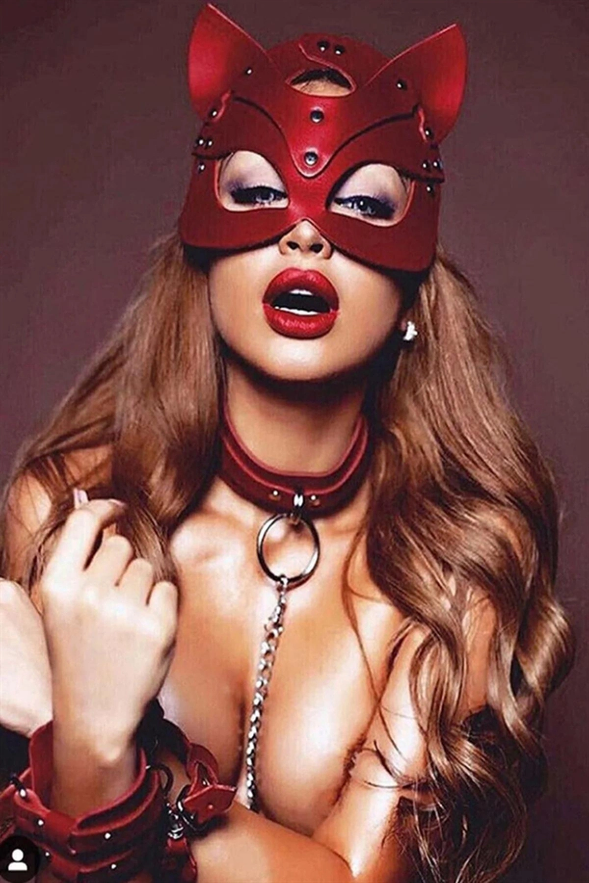 Deri Maske Tasma Ve Kelepçe Fantezi Set Kırmızı Renk