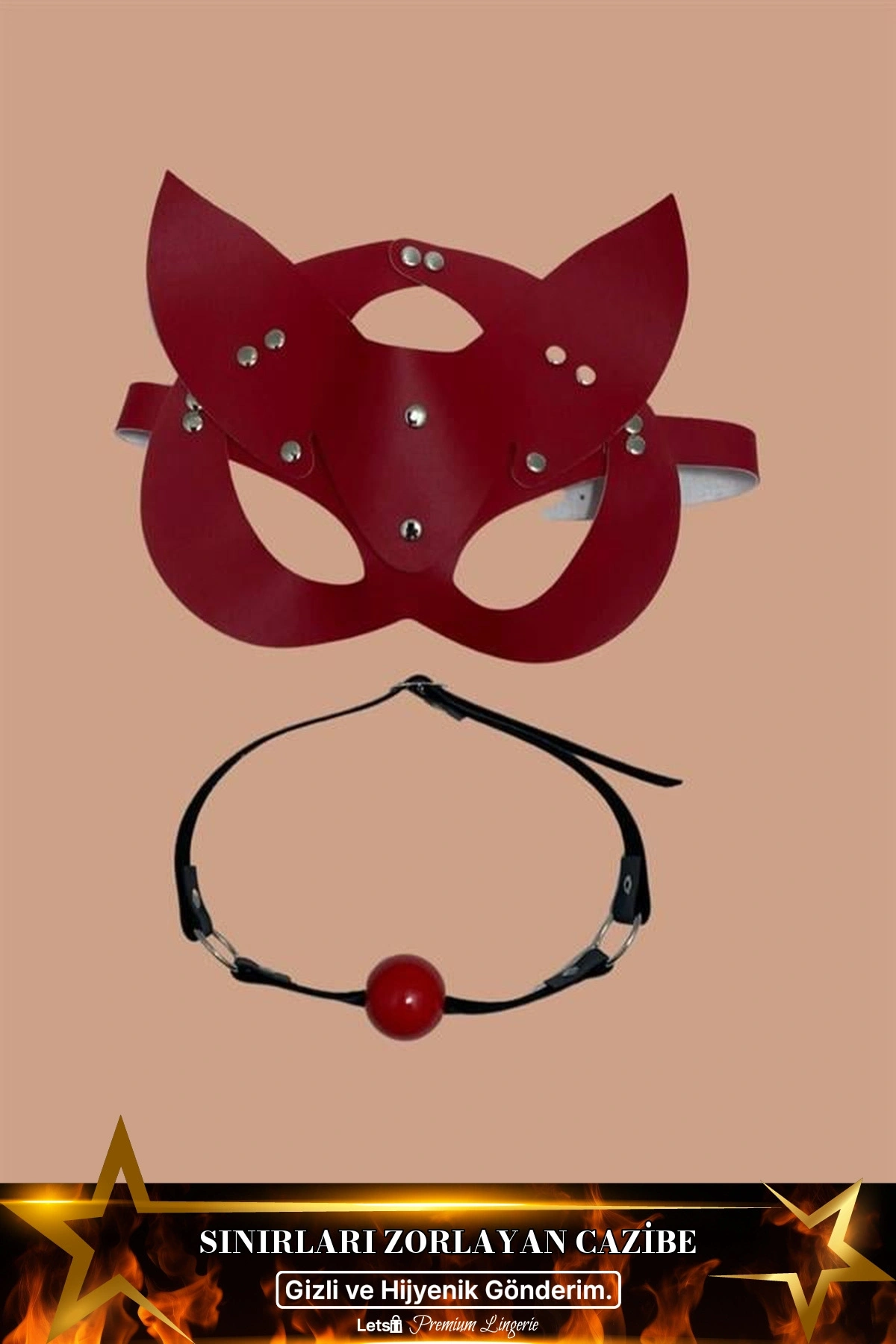 Deri Maske Ve Ağız Topu Harness Aksesuar Kırmızı Renk