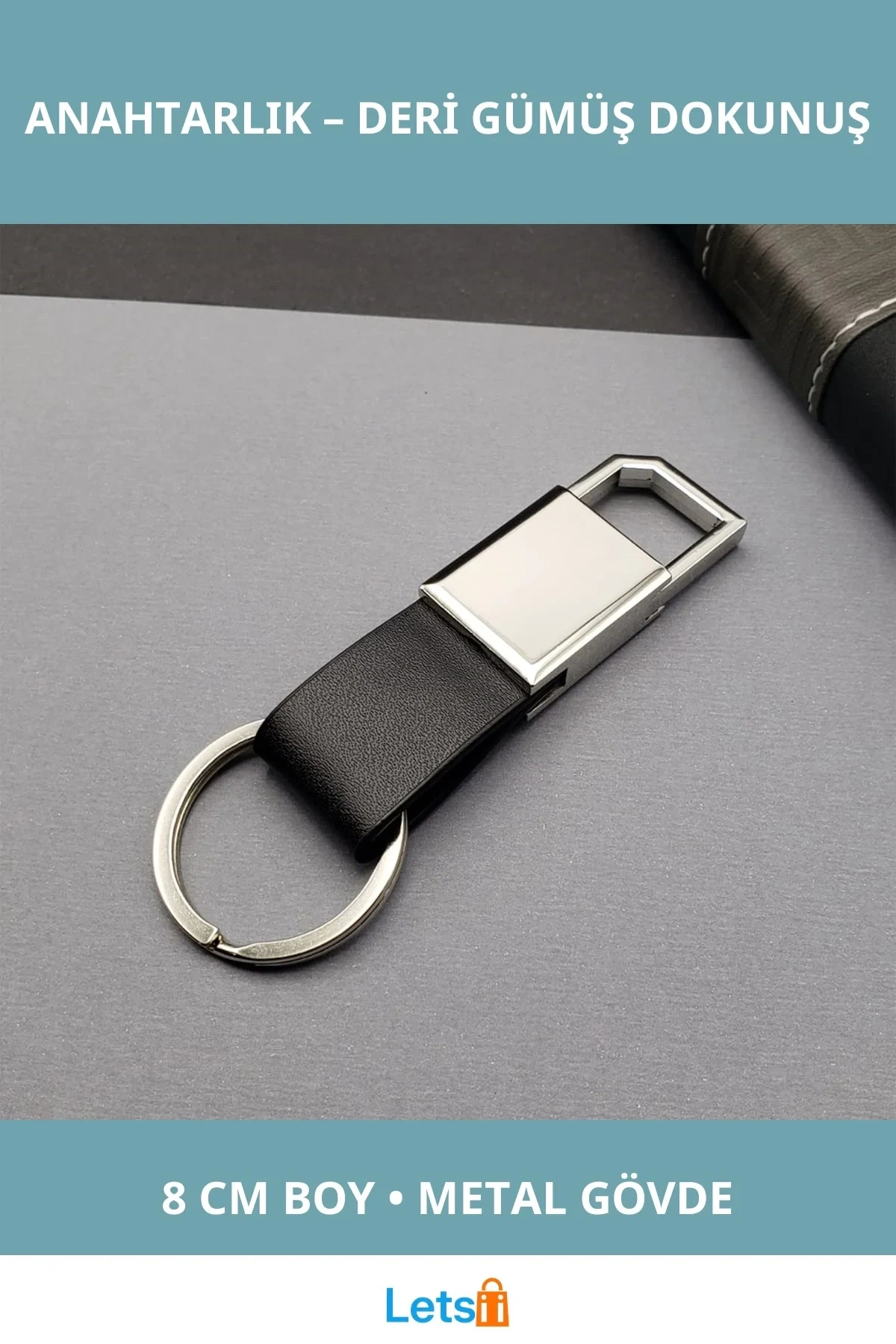 Deri Siyah Gümüş Metal Anahtarlık 8 cm