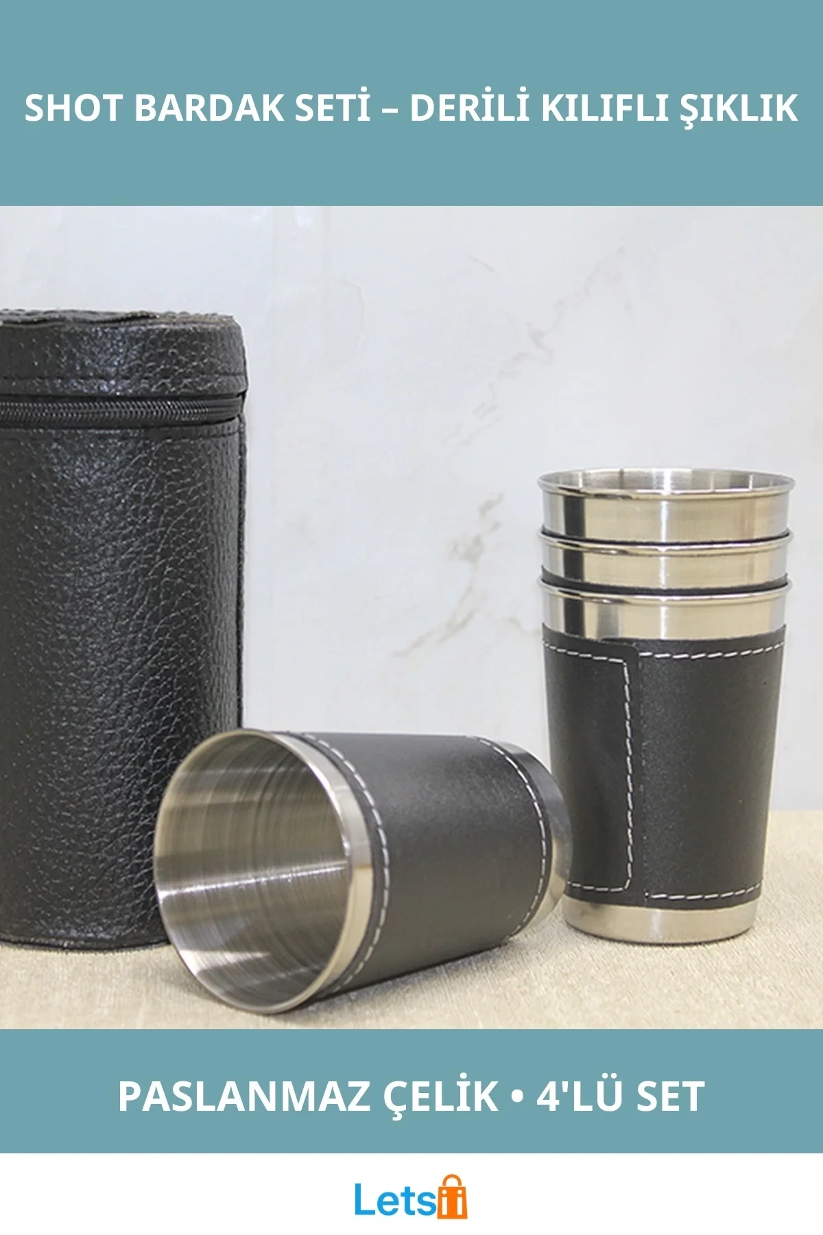 Derili Kılıflı Paslanmaz Çelik 4lü Shot Bardak