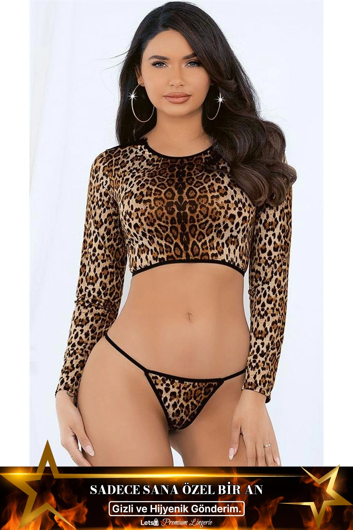 Desenli Bolerolu Fantezi String Takımı Leopar Renk