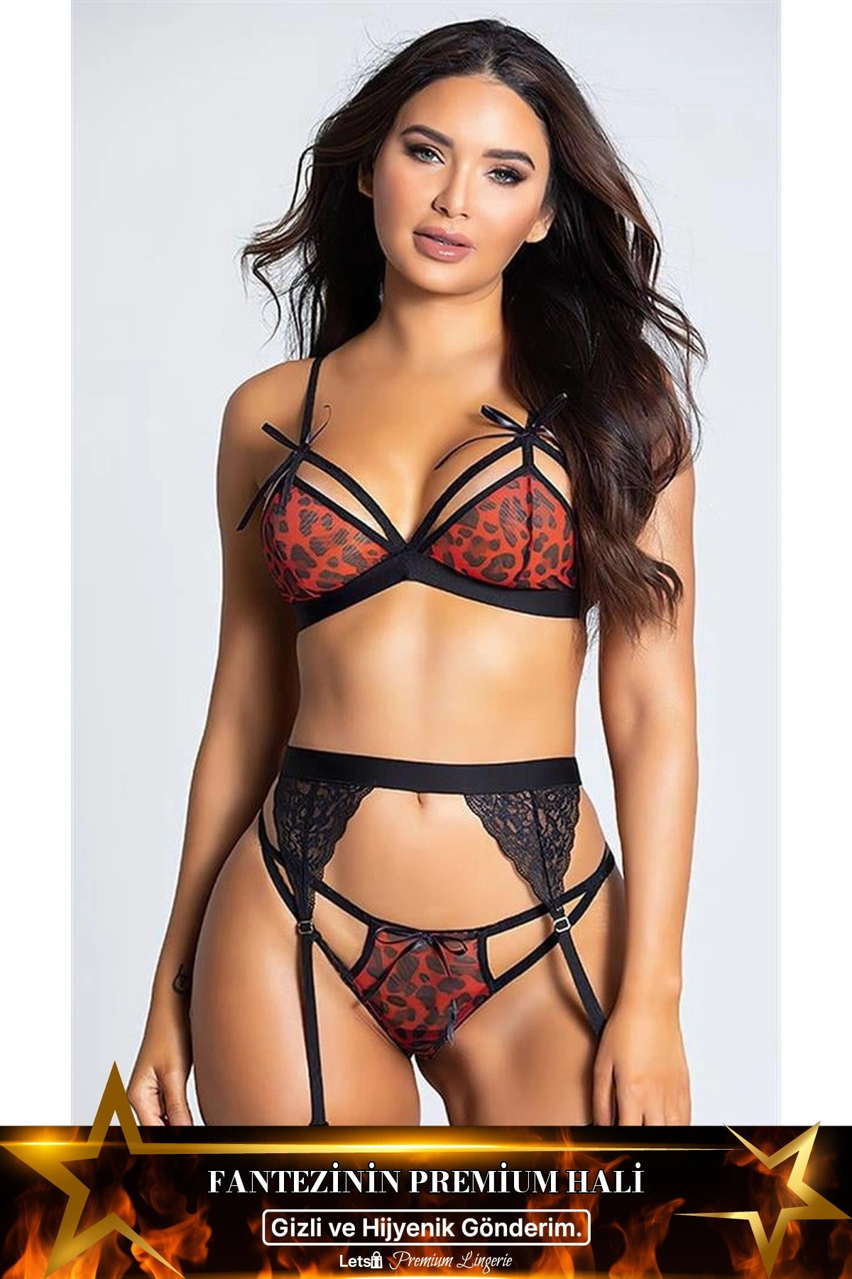 Desenli Dekolteli Fantezi Jartiyer Takımı Leopar Renk