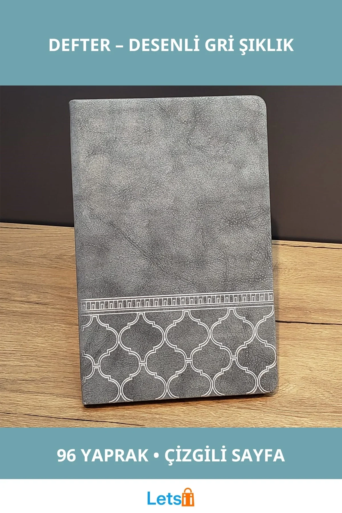 Desenli Gri Renk Kaliteli Deri Defter Şık ve Modern