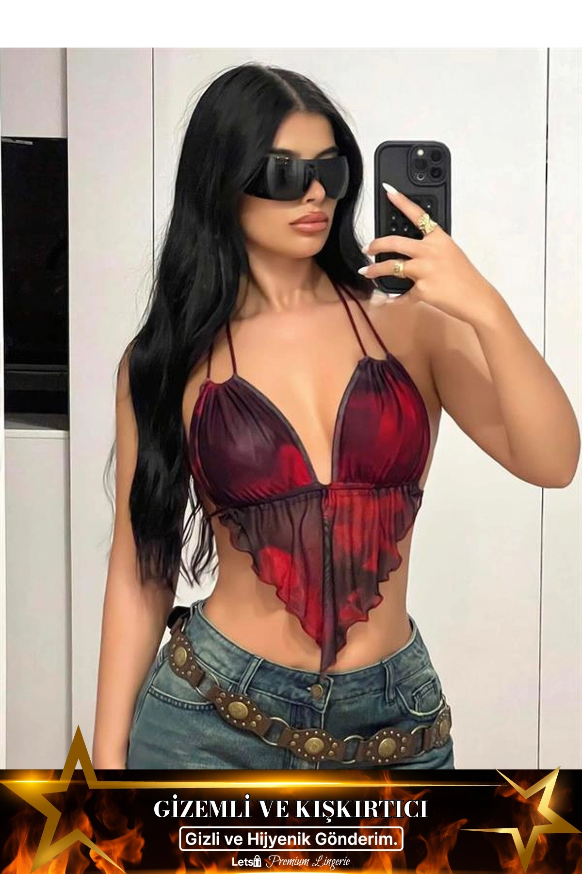 Desenli İnce Askılı Üçgen Kesim Crop Top Standart Renk