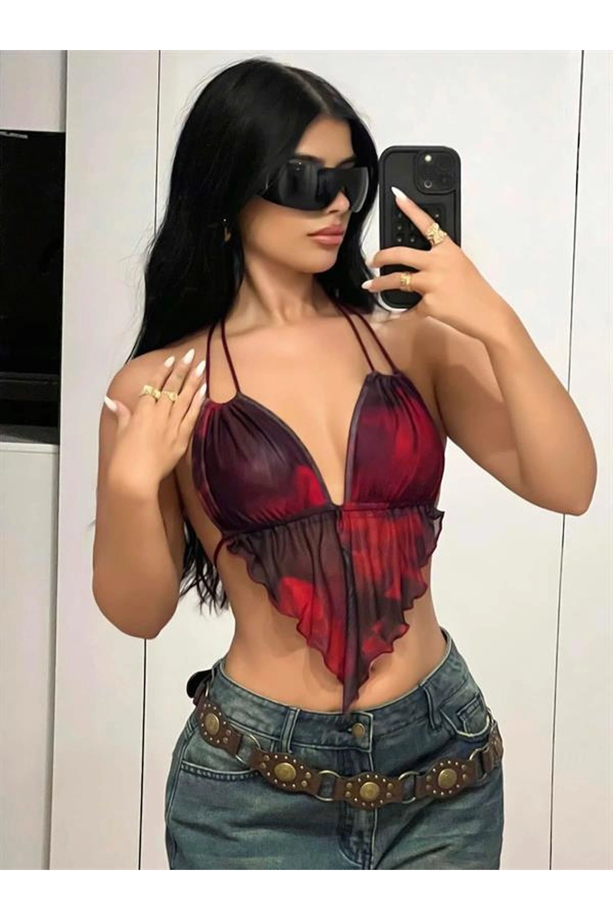 Desenli İnce Askılı Üçgen Kesim Crop Top Standart Renk