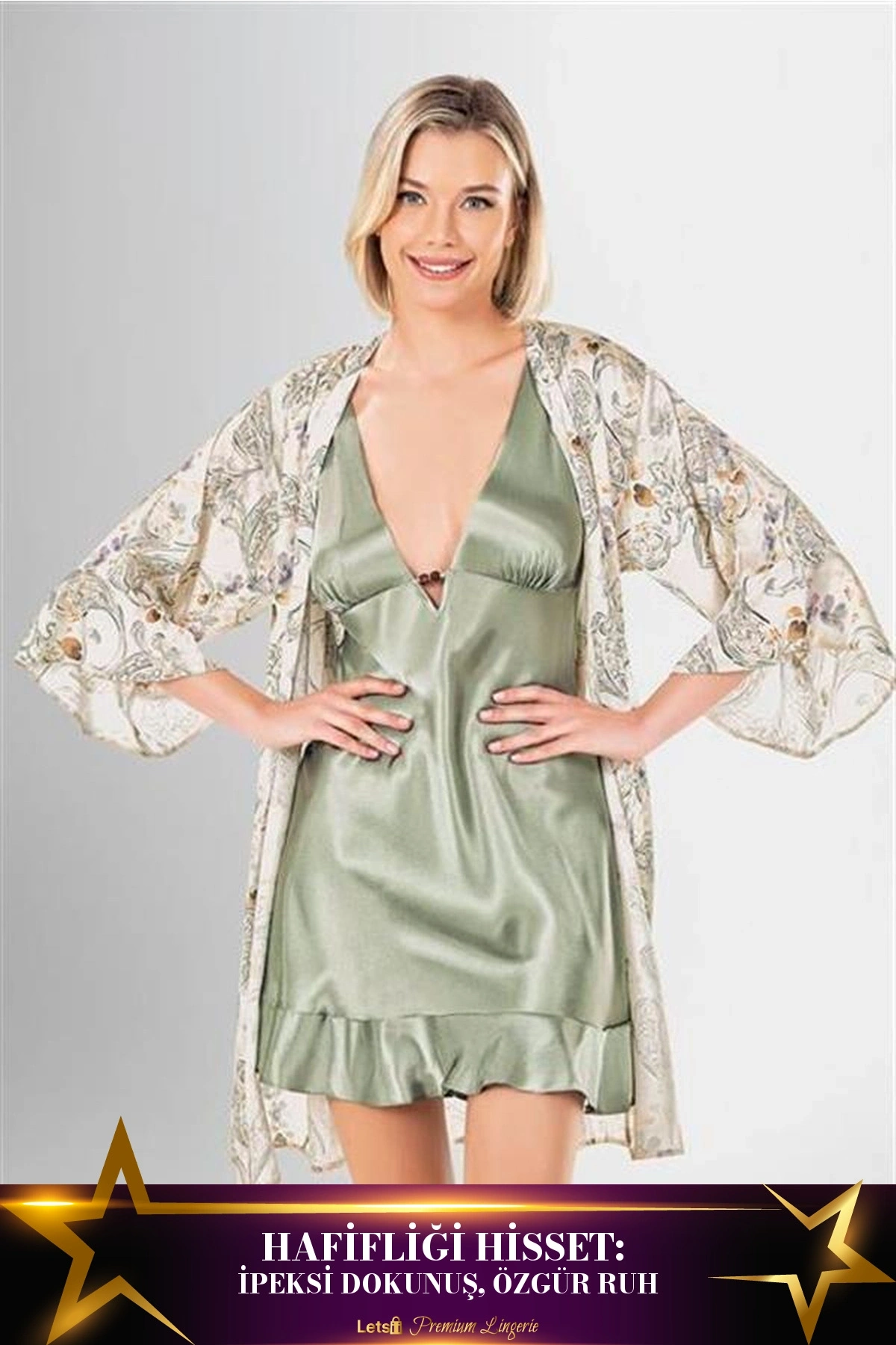 Desenli Kısa Sabahlık Ve Şort Takımı Standart Renk