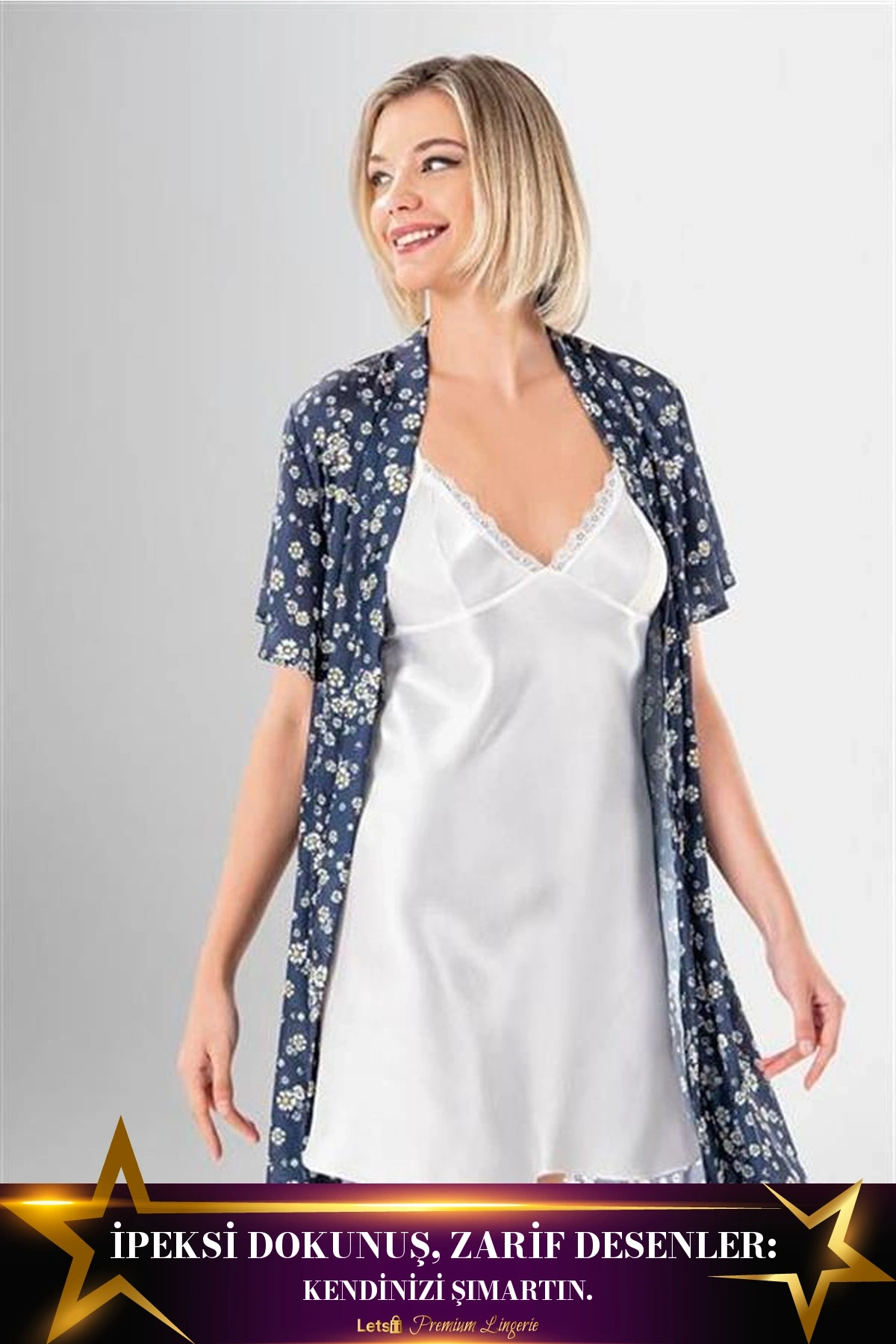 Desenli Saten 2Li Kısa Sabahlık Takımı Standart Renk