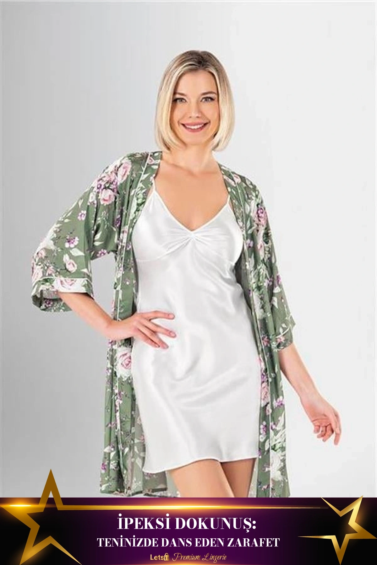 Desenli Saten Kısa Sabahlık Takımı Standart Renk