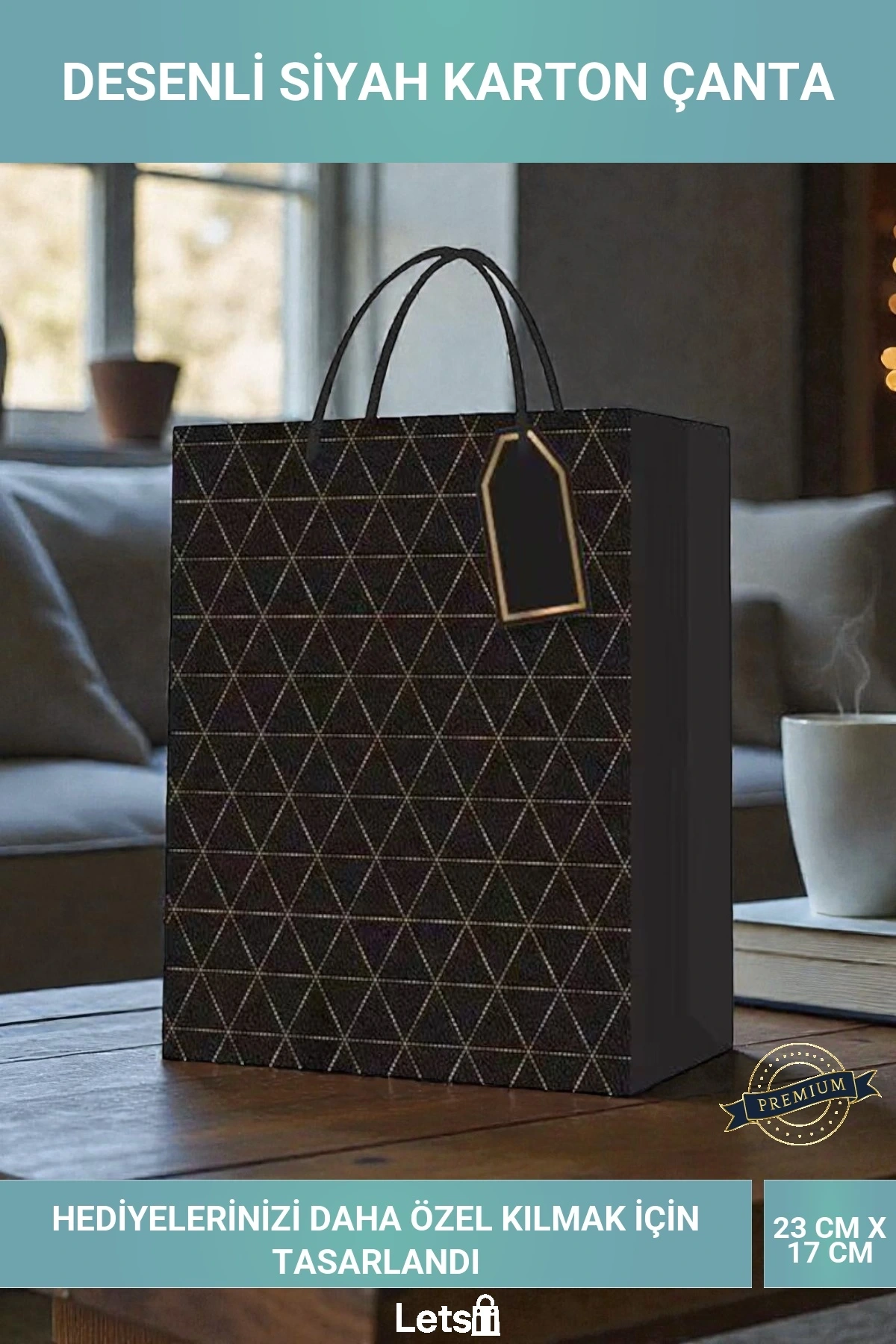 Desenli Siyah Küçük Boy Hediye Karton Çanta