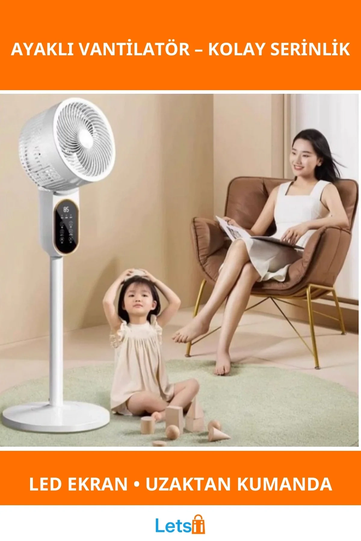 Dijital Ekranlı Uzaktan Kumandalı Ayaklı Vantilatör 95 cm