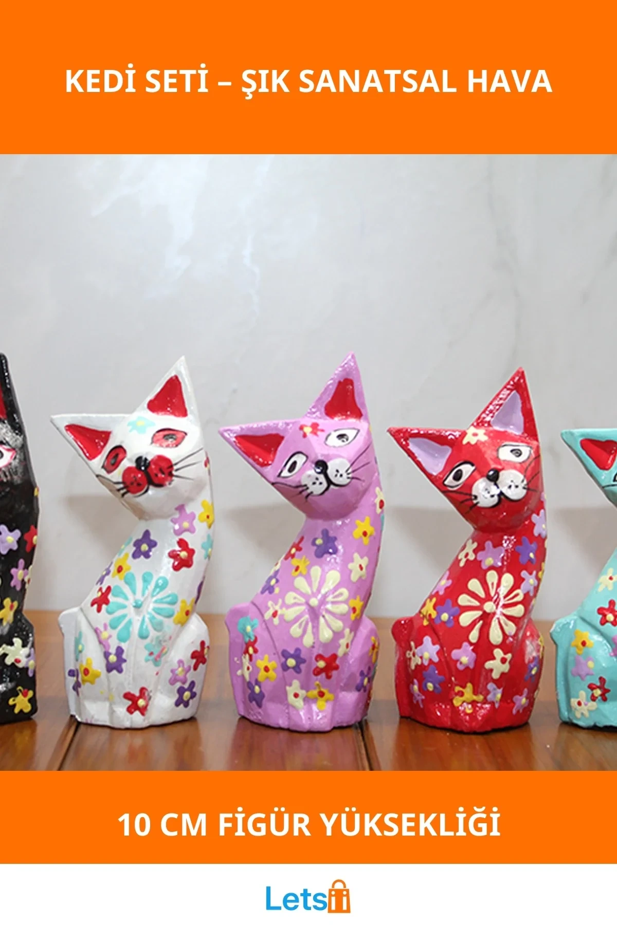 Doğal Ahşap 10 cm 5li Kedi Figürü Dekoratif Set