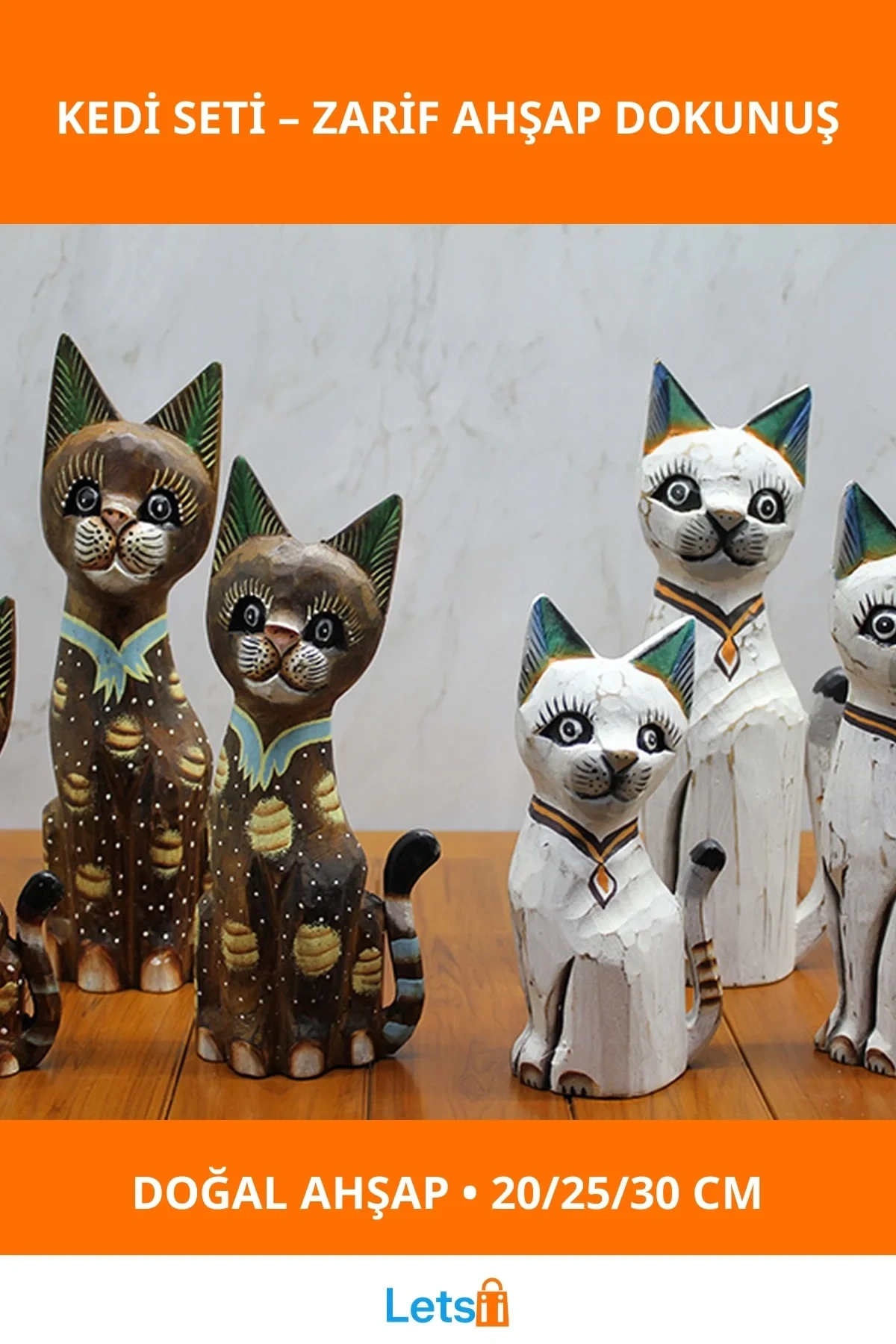 Doğal Ahşap 3lü Kedi Figürü Dekorasyon Seti 20 25 30 cm