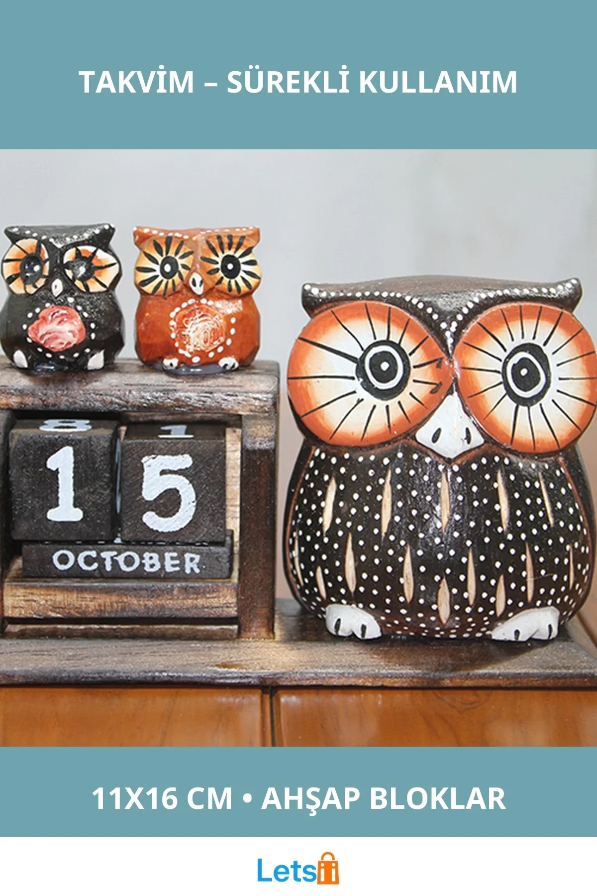 Doğal Ahşap Baykuş Figürlü Masa Takvimi 11x16 cm