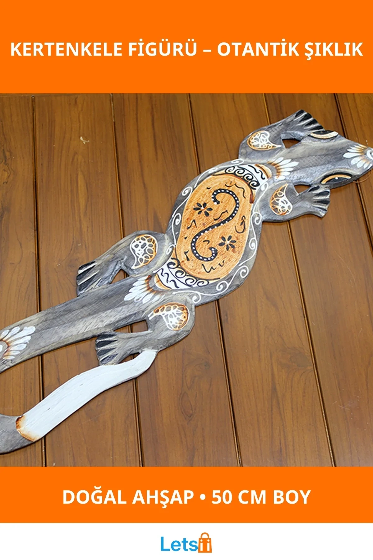 Doğal Ahşap El Boyaması 50 cm Duvara Asmalı Kertenkele Figürü