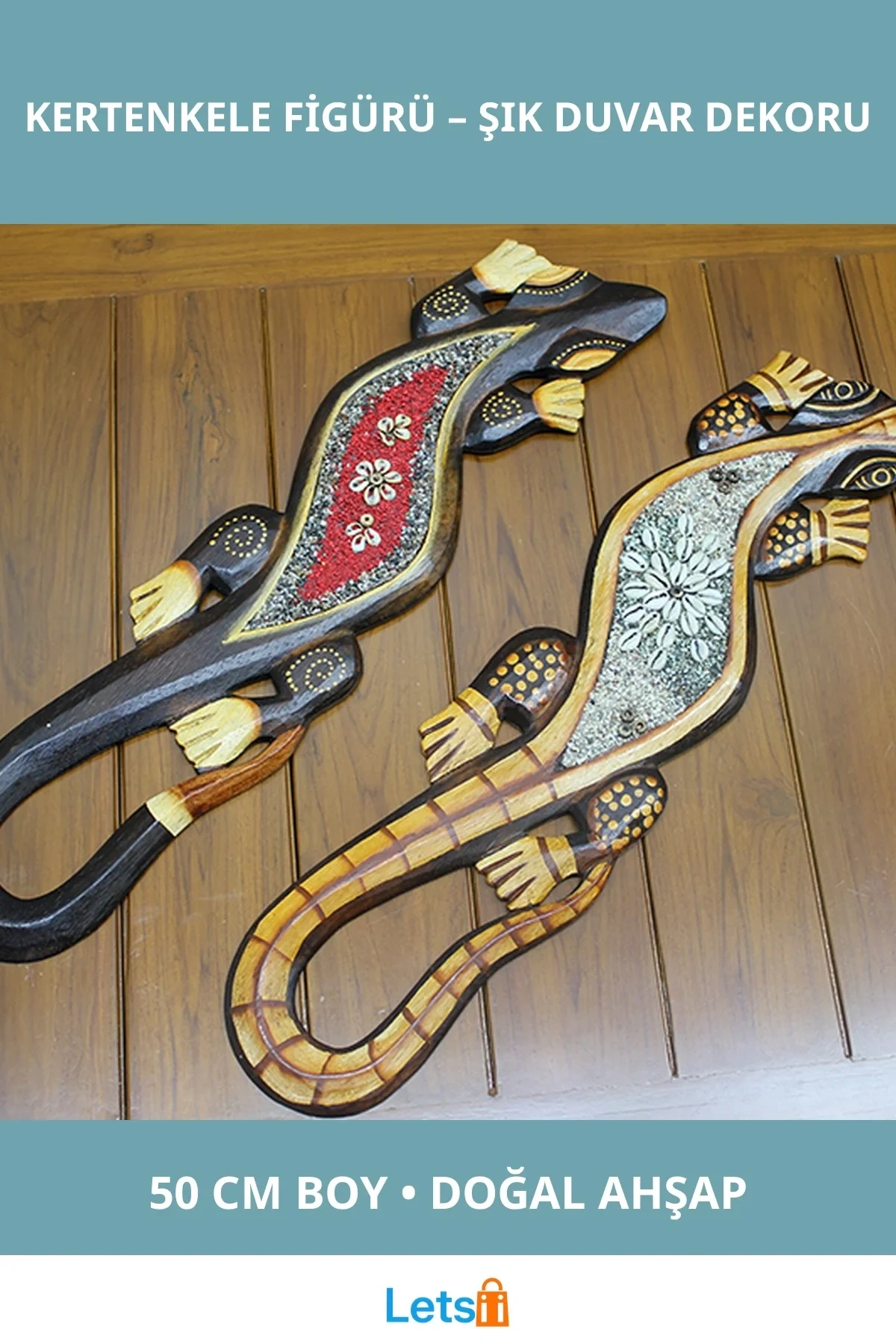 Doğal Ahşap El İşçiliği 50 cm Duvara Asmalı Kertenkele Figürü