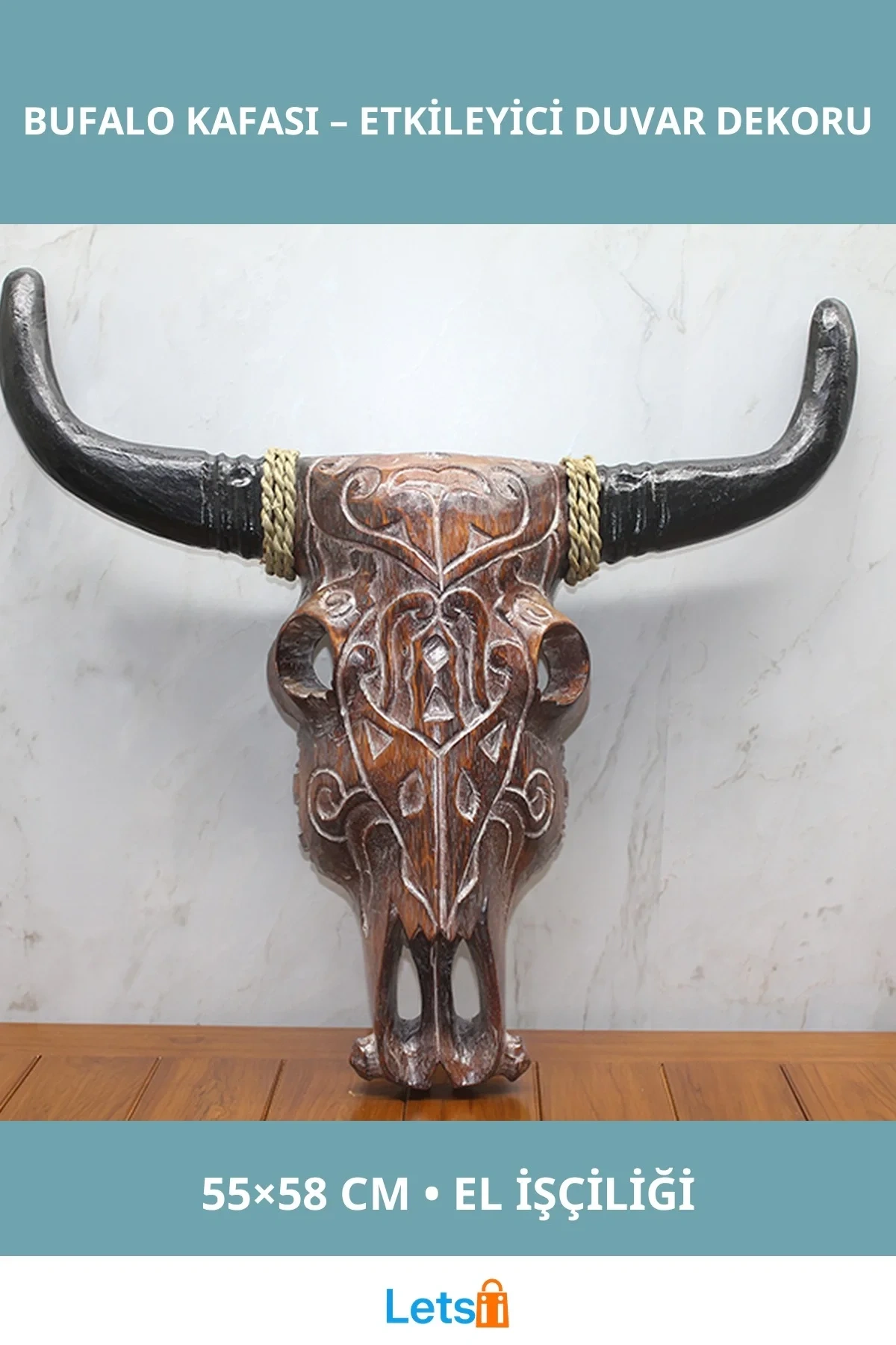 Doğal Ahşap El İşçiliği Duvara Asmalı Bufalo Kafası 55x58 cm