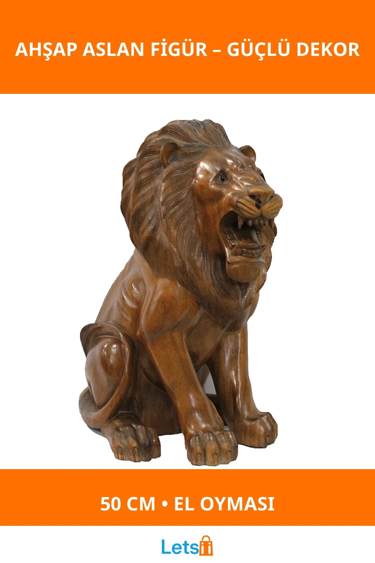 Doğal Ahşap El Oyması 50 cm Yüksek Aslan Figürü Dekoratif Obje