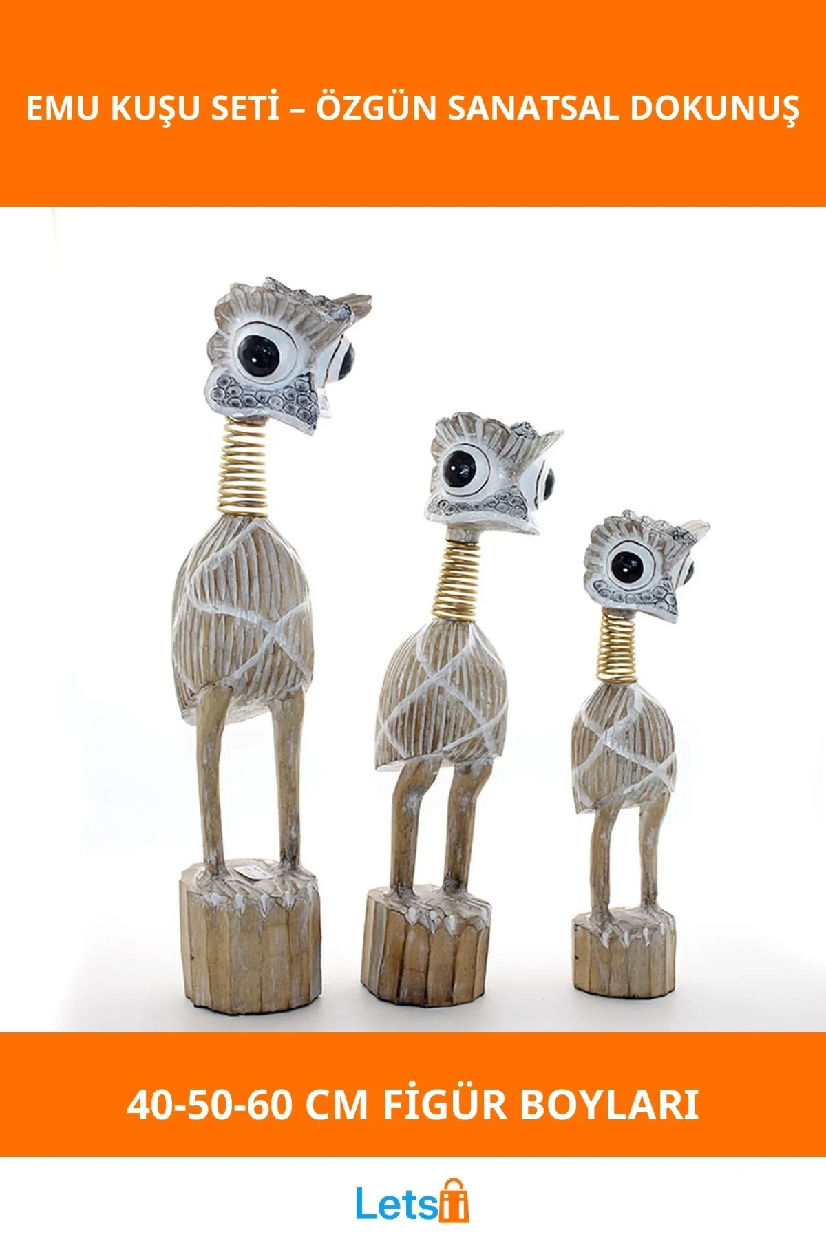 Doğal Ahşap El Yapımı 3 Boyutlu Emu Kuşu Figürleri Dekorasyon
