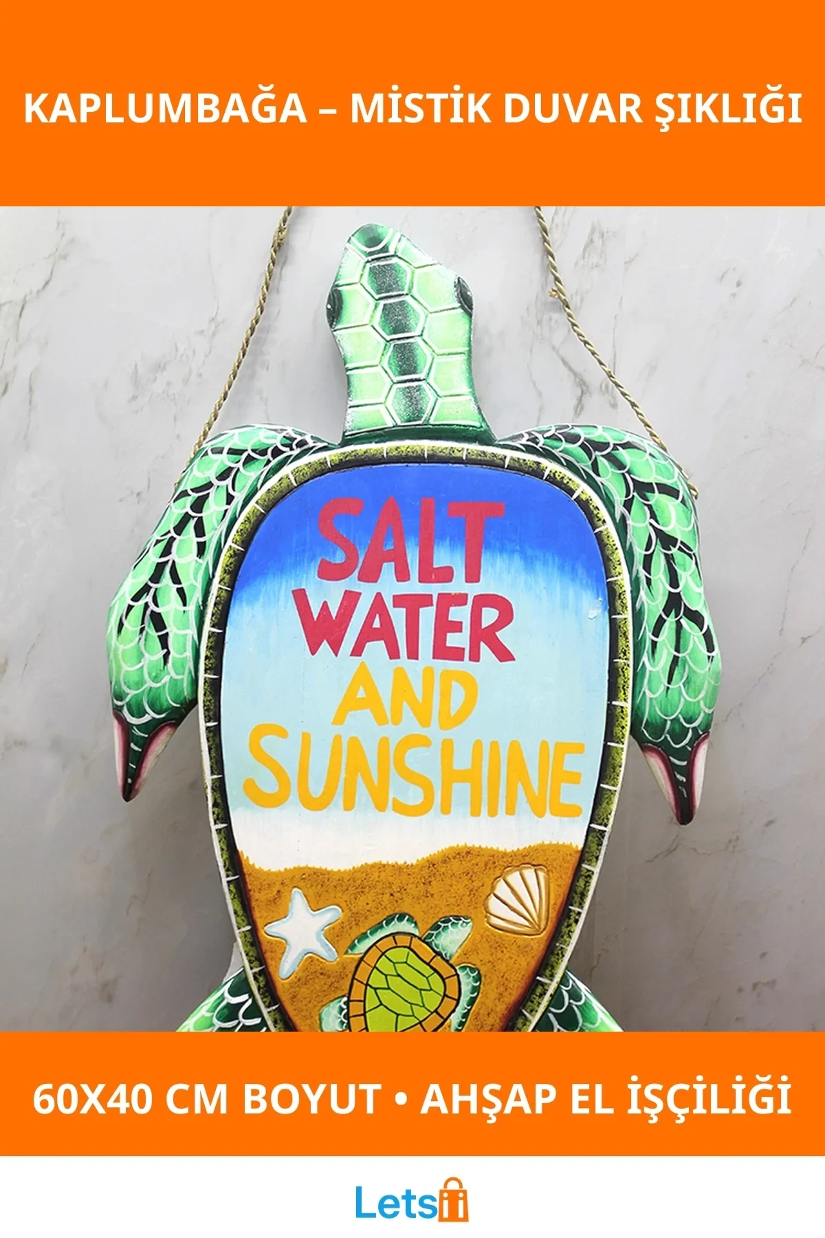 Doğal Ahşap El Yapımı Duvara Asmalı Kaplumbağa 60x40 cm