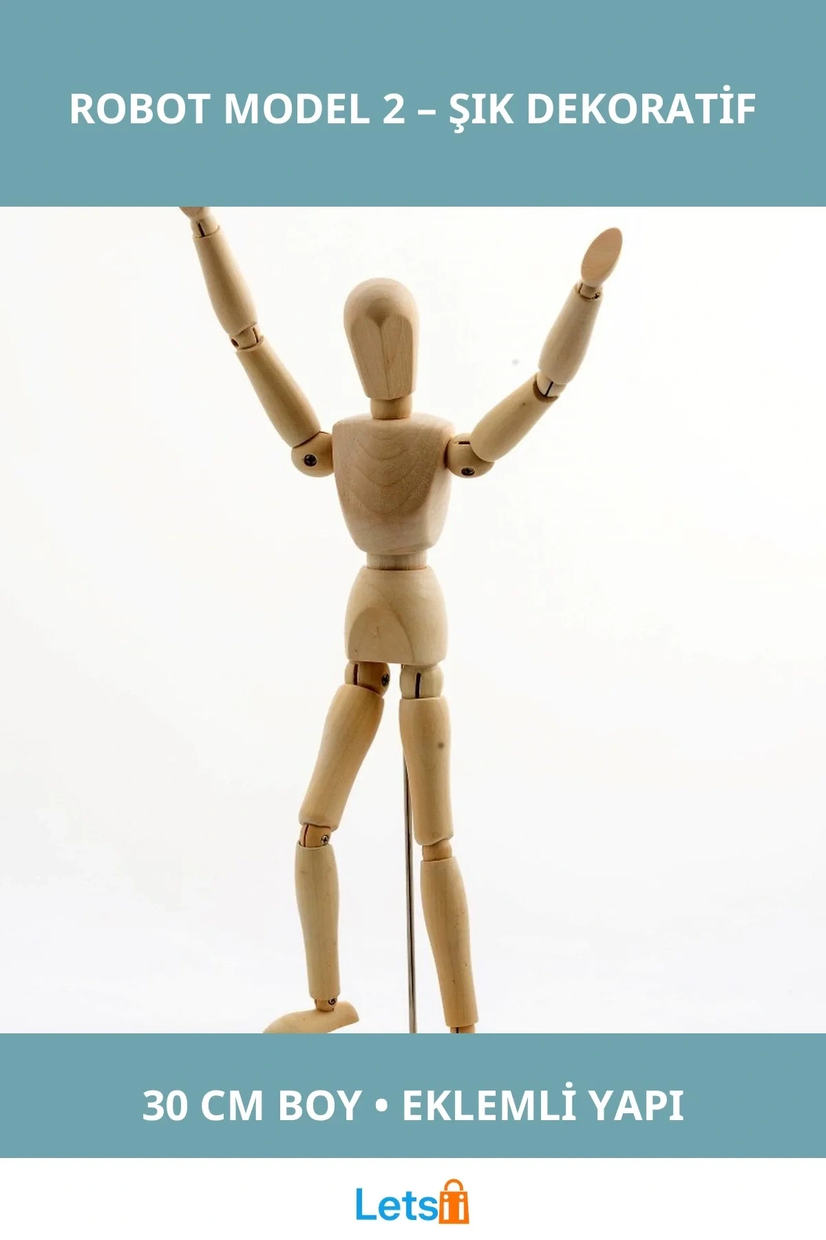Doğal Ahşap Esnek Eklemli Robot 30 cm Eğitim Oyuncak