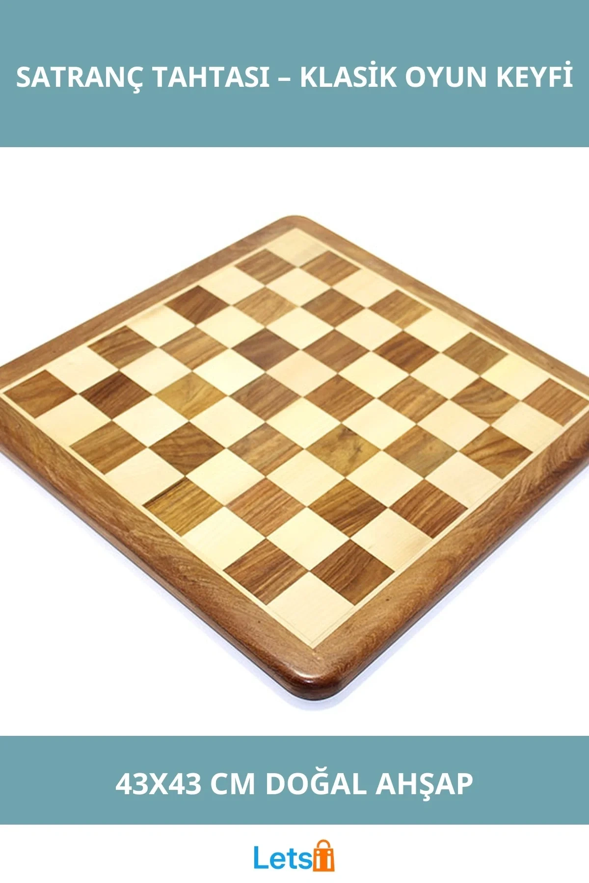 Doğal Ahşap Klasik Satranç Tahtası 43x43 cm