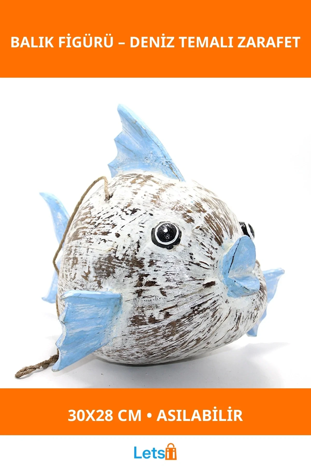 Doğal Ahşap Mavi Beyaz Deniz Temalı Asılabilir Dekoratif Balık Figürü 30x28 cm