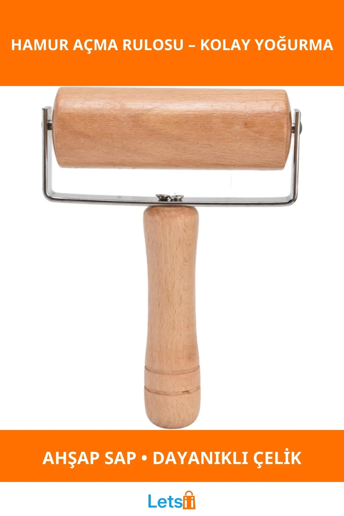 Doğal Ahşap Paslanmaz Çelik Ergonomik Hamur Açma Rulosu