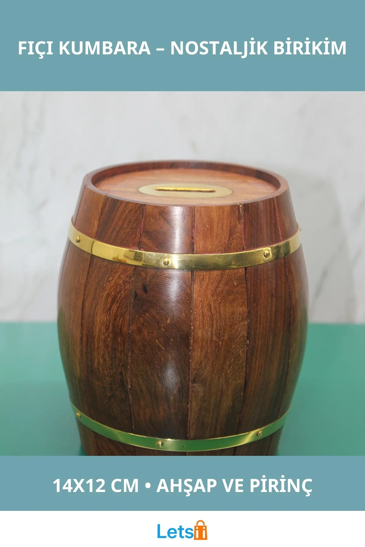 Doğal Ahşap Pirinç Detaylı Dekoratif Fıçı Kumbara 14x12 cm