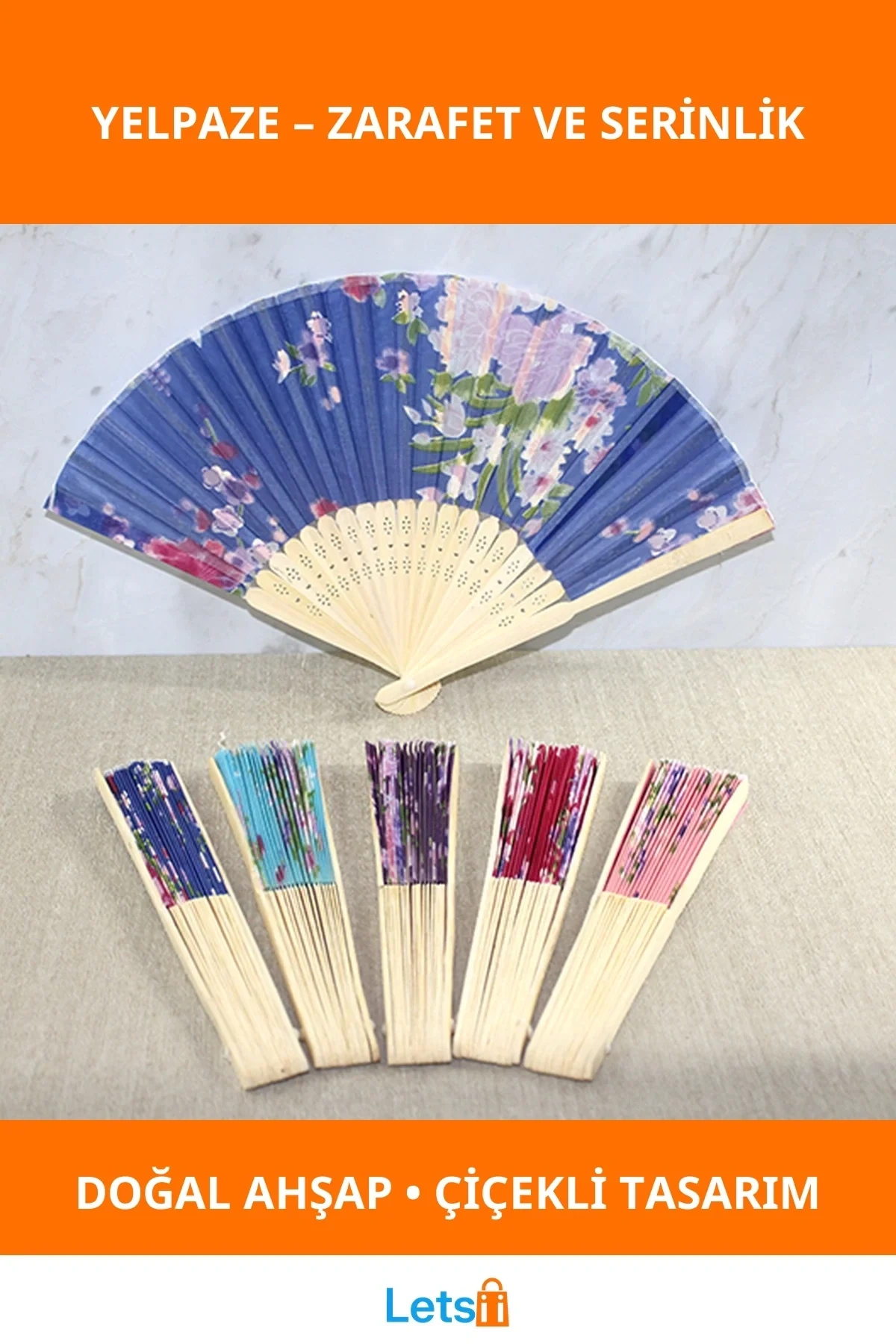 Doğal Ahşap Renkli Çiçekli Katlanabilir Yelpaze