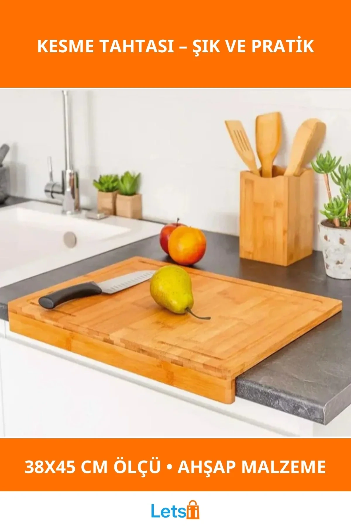 Doğal Ahşap Tezgah Üstü Kesme Tahtası Küçük Boy 38x45 cm