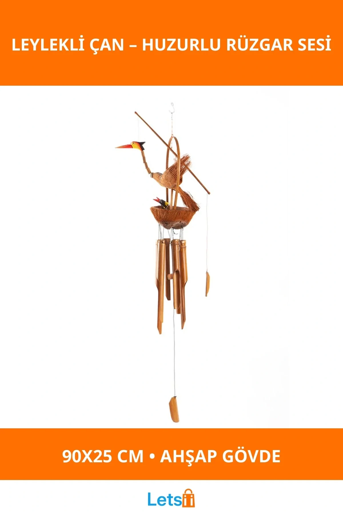 Doğal Ahşap Yavrulu Leylekli Rüzgar Çanı 90x25 cm
